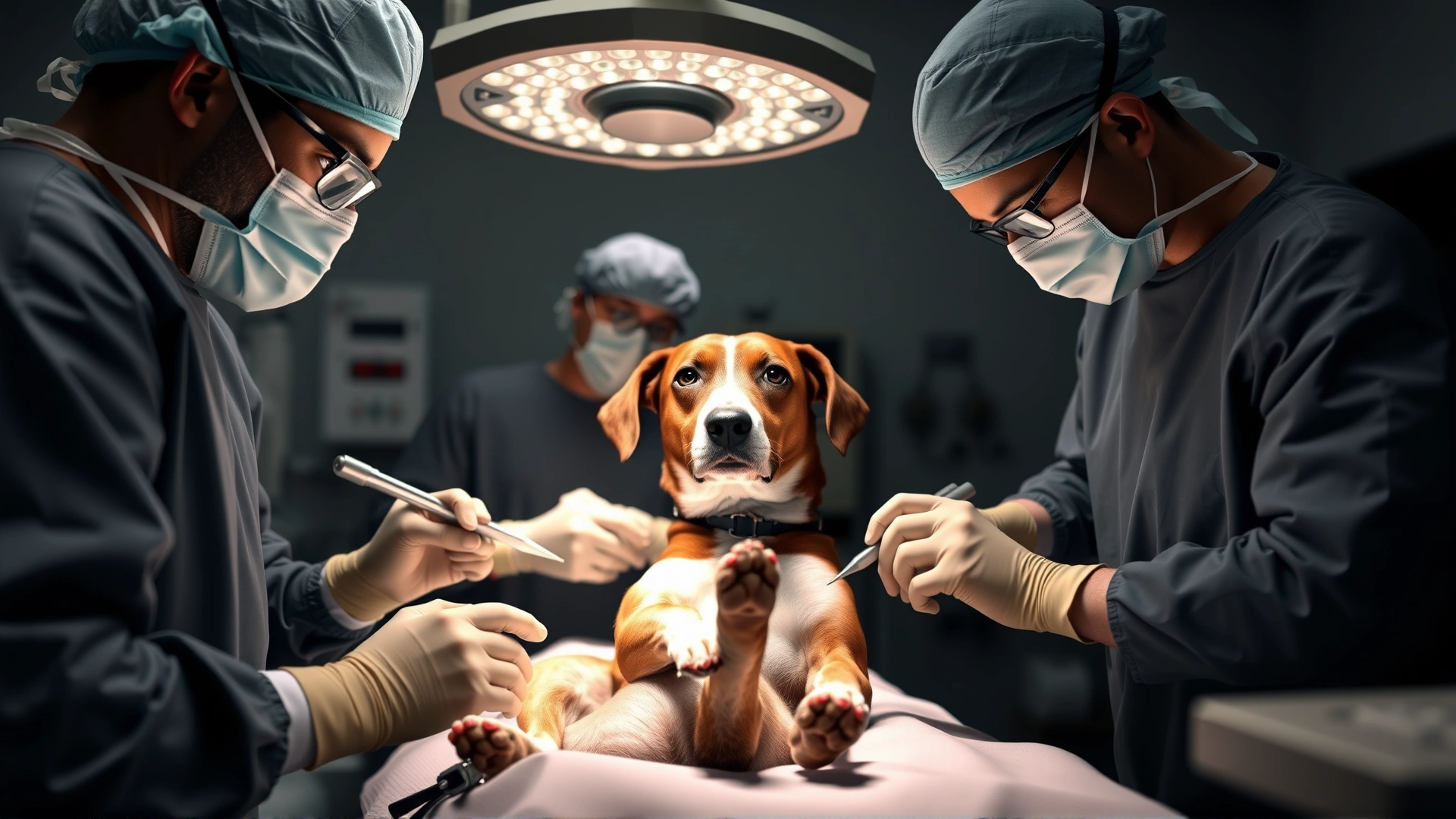 Operating room scene showing veterinary surgeons performing leg amputation on an anesthetized dog, minimal blood, sterile environment
