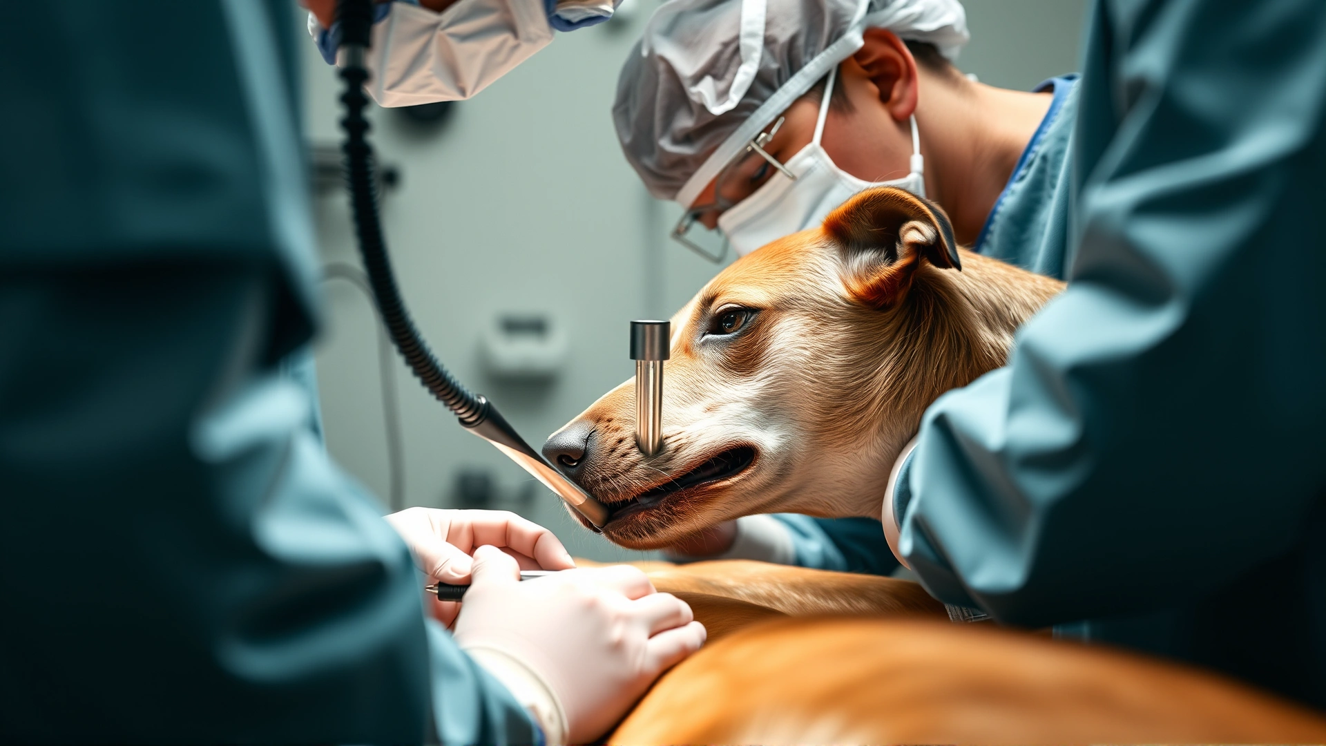 Veterinary surgeon in a sterile operating room performing FHO surgery on a medium-sized dog, close-up, no graphic gore, professional setting