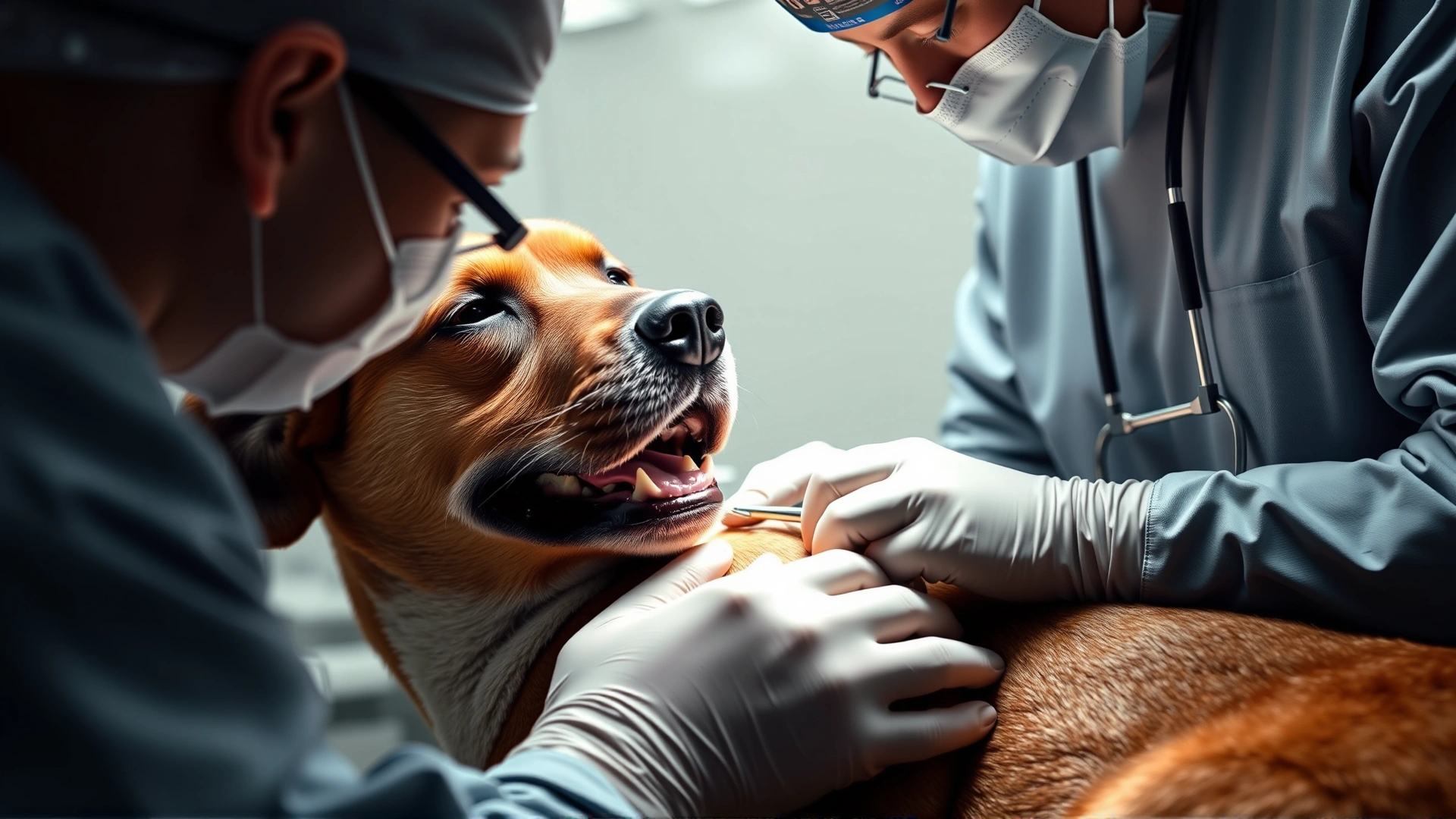 Veterinarian performing minor surgical removal of a skin tag on a sedated dog in a sterile operating room, surgical instruments visible, high resolution