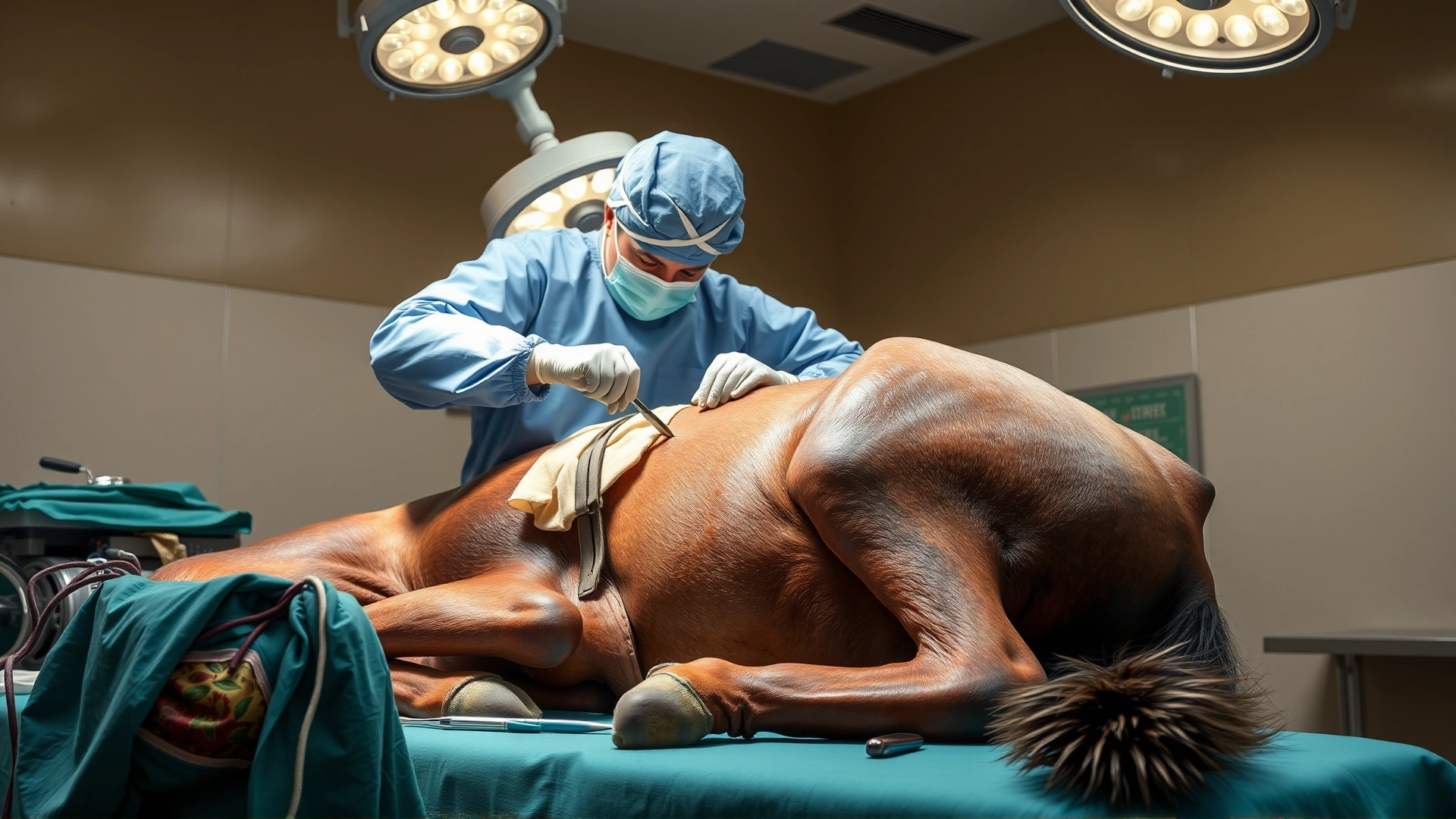 Equine surgeon in a sterile operating theater performing hernia repair on an anesthetized horse lying on its back.