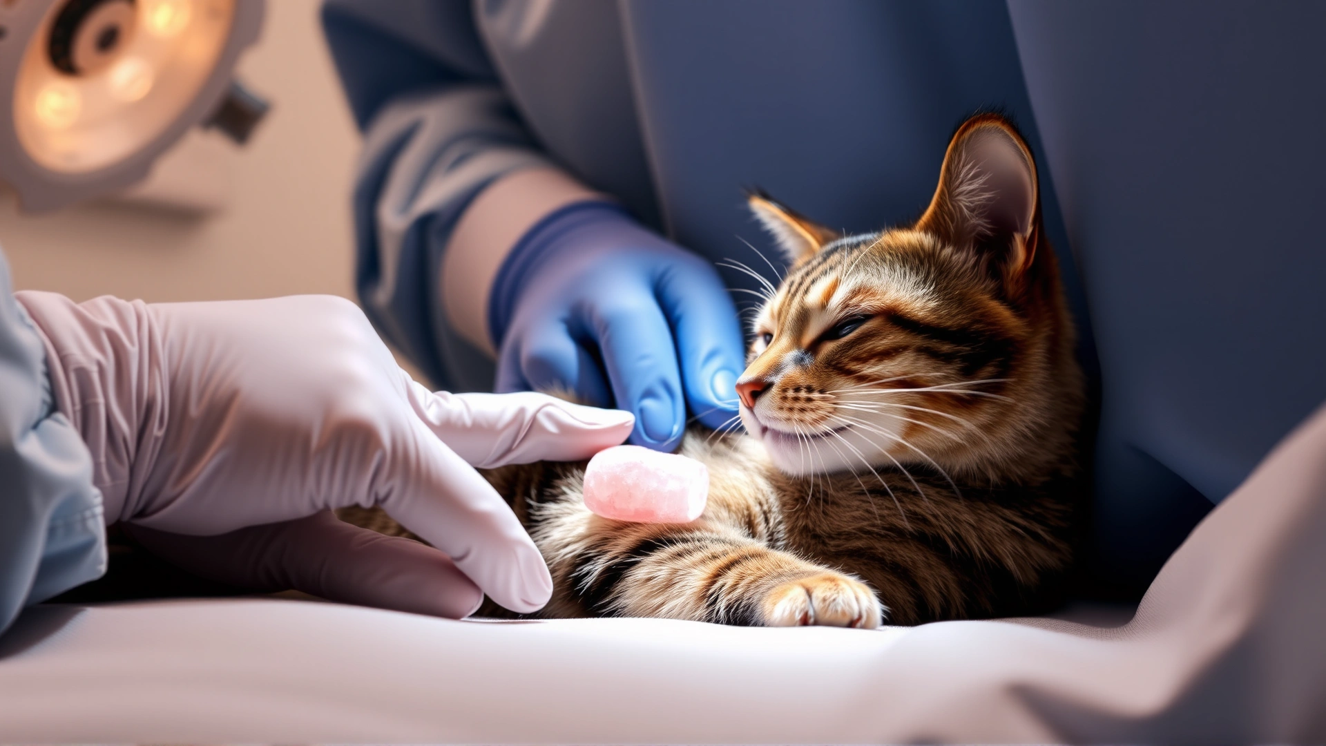 Operating room scene with a cat under anesthesia; surgeon’s gloved hands carefully remove a small fatty mass. Clean, well-lit environment.
