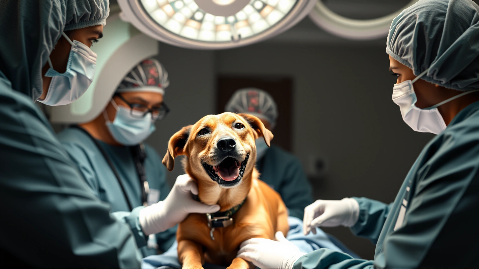 A team of veterinary surgeons in sterile gowns and masks performing surgery on a medium-sized dog in an advanced operating theatre