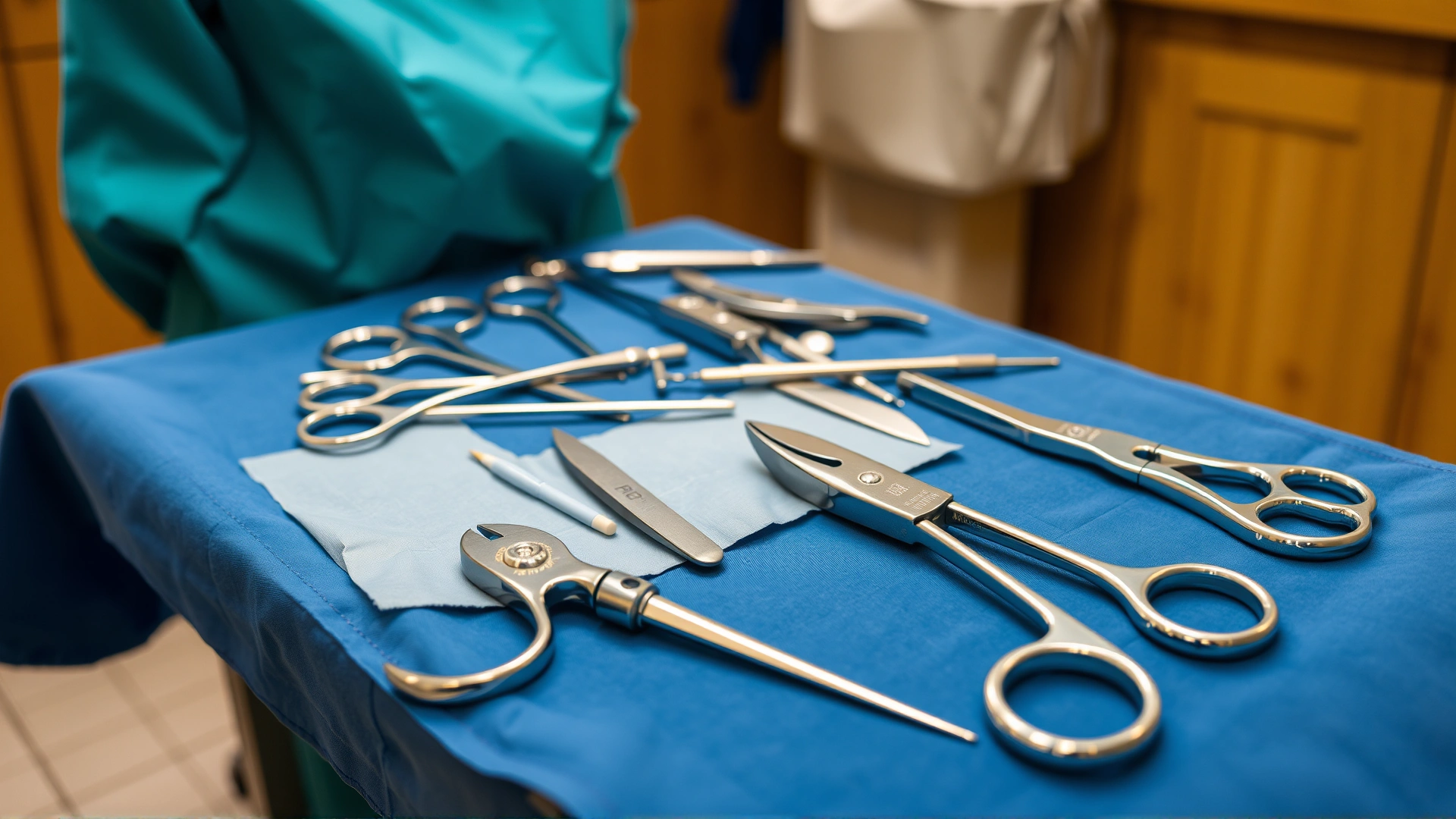 Sterile surgical instruments laid out on a blue drape on a stable table, ready for equine castration