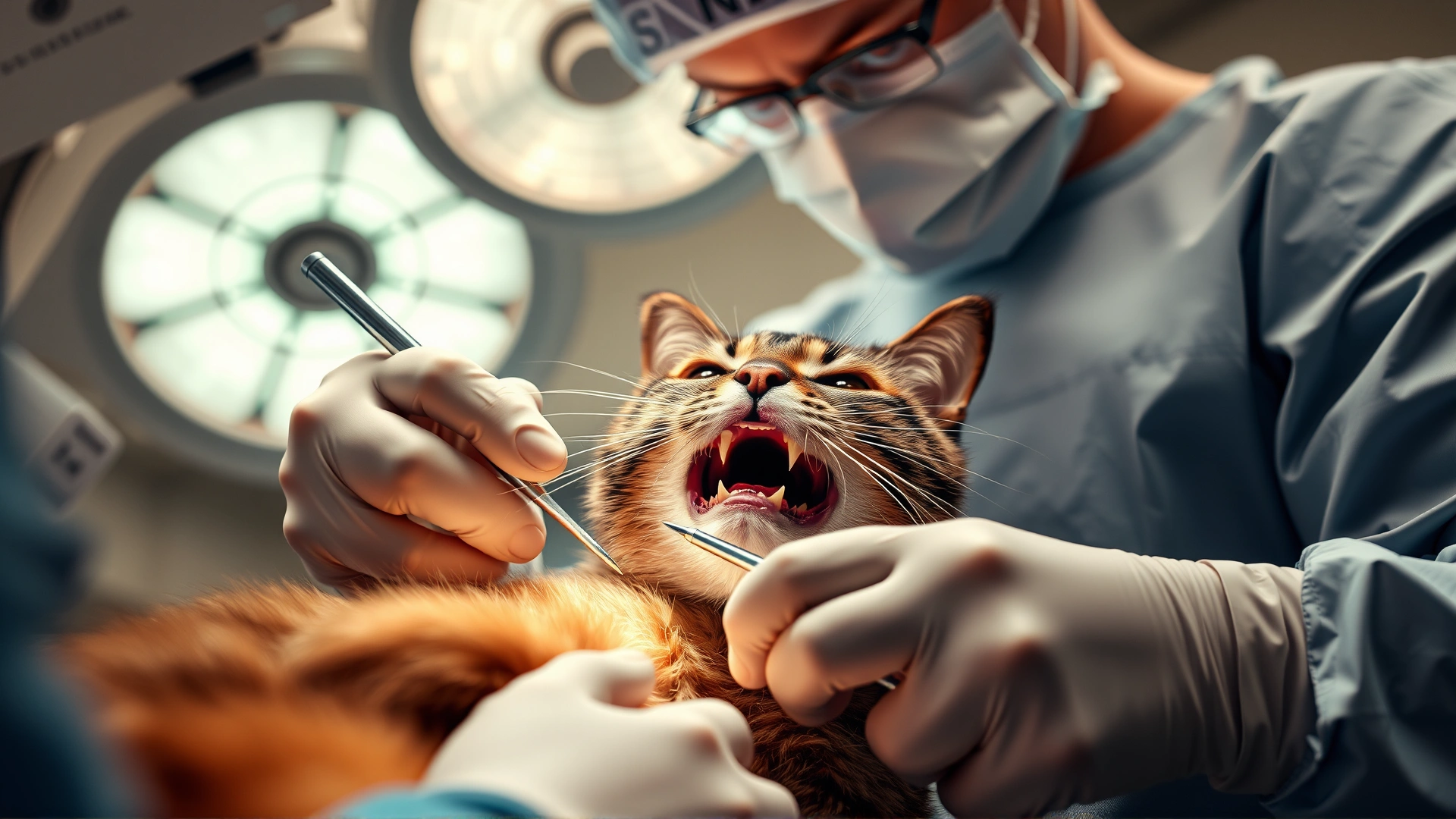 Surgeon in sterile garb operating on a cat’s soft palate with specialized instruments, operating theatre lighting, educational angle.