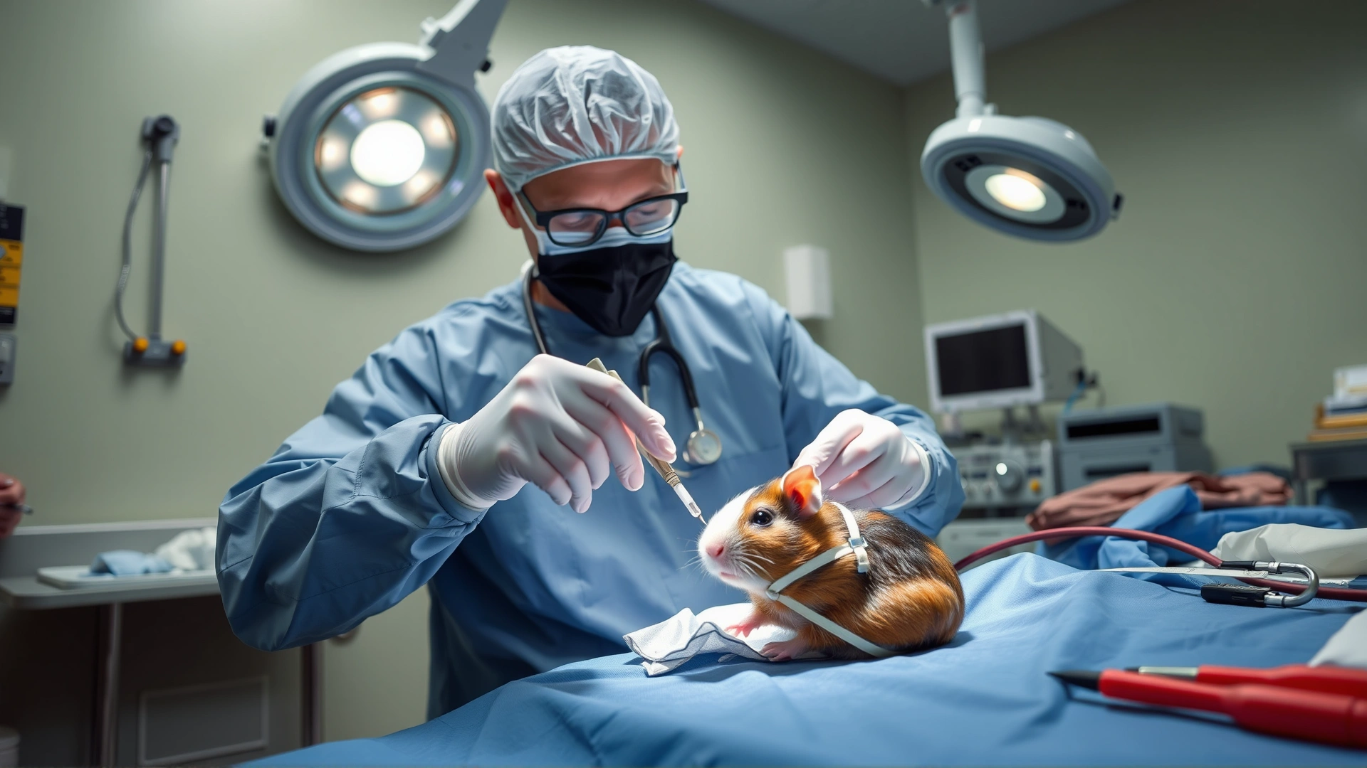 Operating room scene with veterinarian performing minor surgery on a guinea pig under anesthesia, sterile environment, no graphic details.