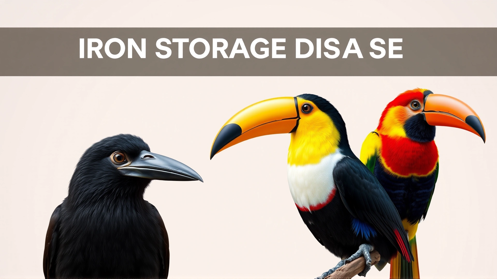 Collage-style image featuring a mynah bird, toucan, and lorikeet side by side on neutral backgrounds, highlighting species susceptible to iron storage disease.