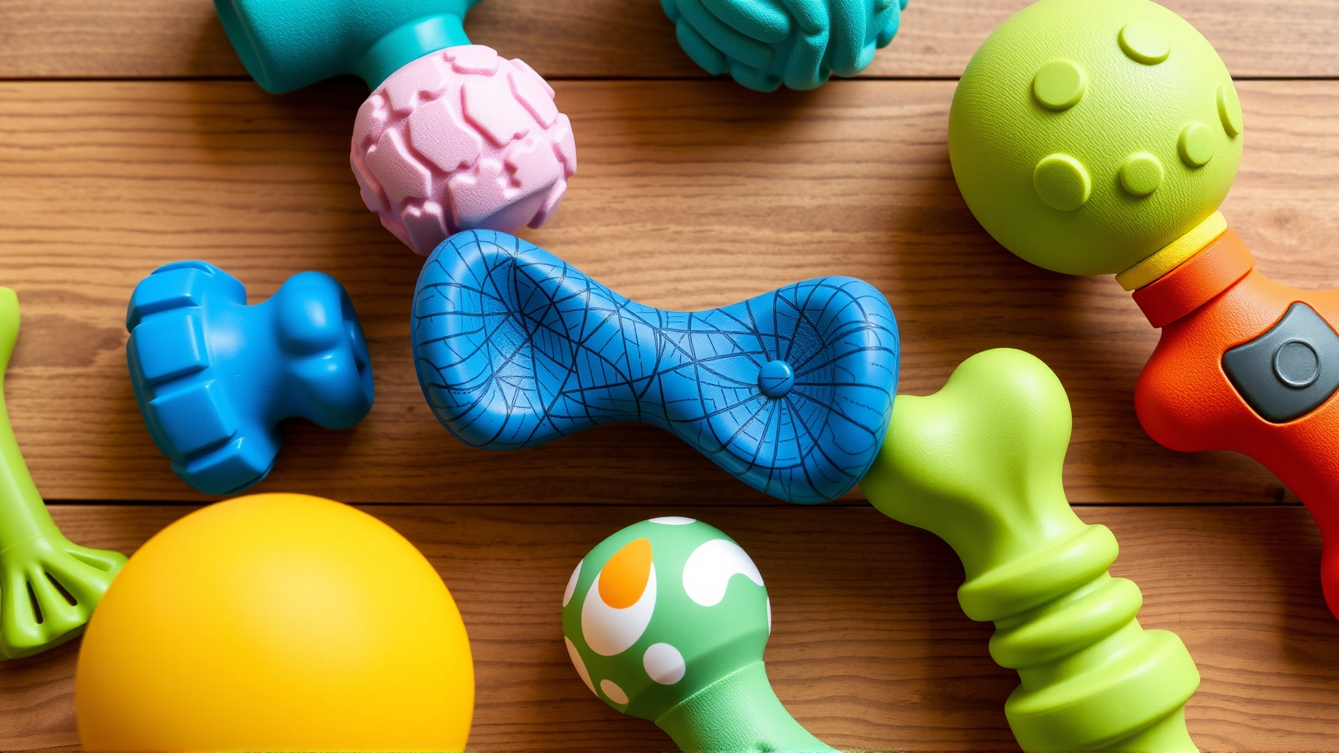 Flat lay of several colorful eco-friendly dog toys made from natural rubber and recycled plastic on a wooden surface
