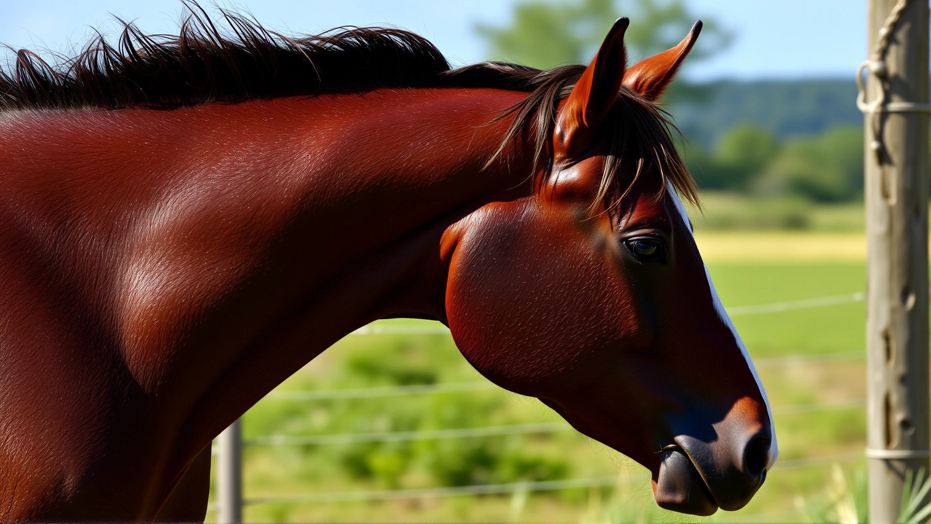 Side view of a dark bay horse with visible sweat marks after a gallop, summer countryside background