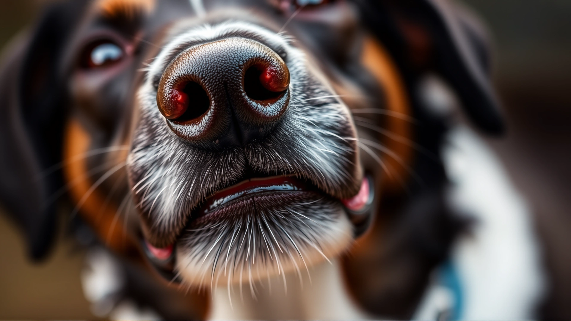 Close shot of a dog’s snout with mouth slightly open, focus on nose and mouth area