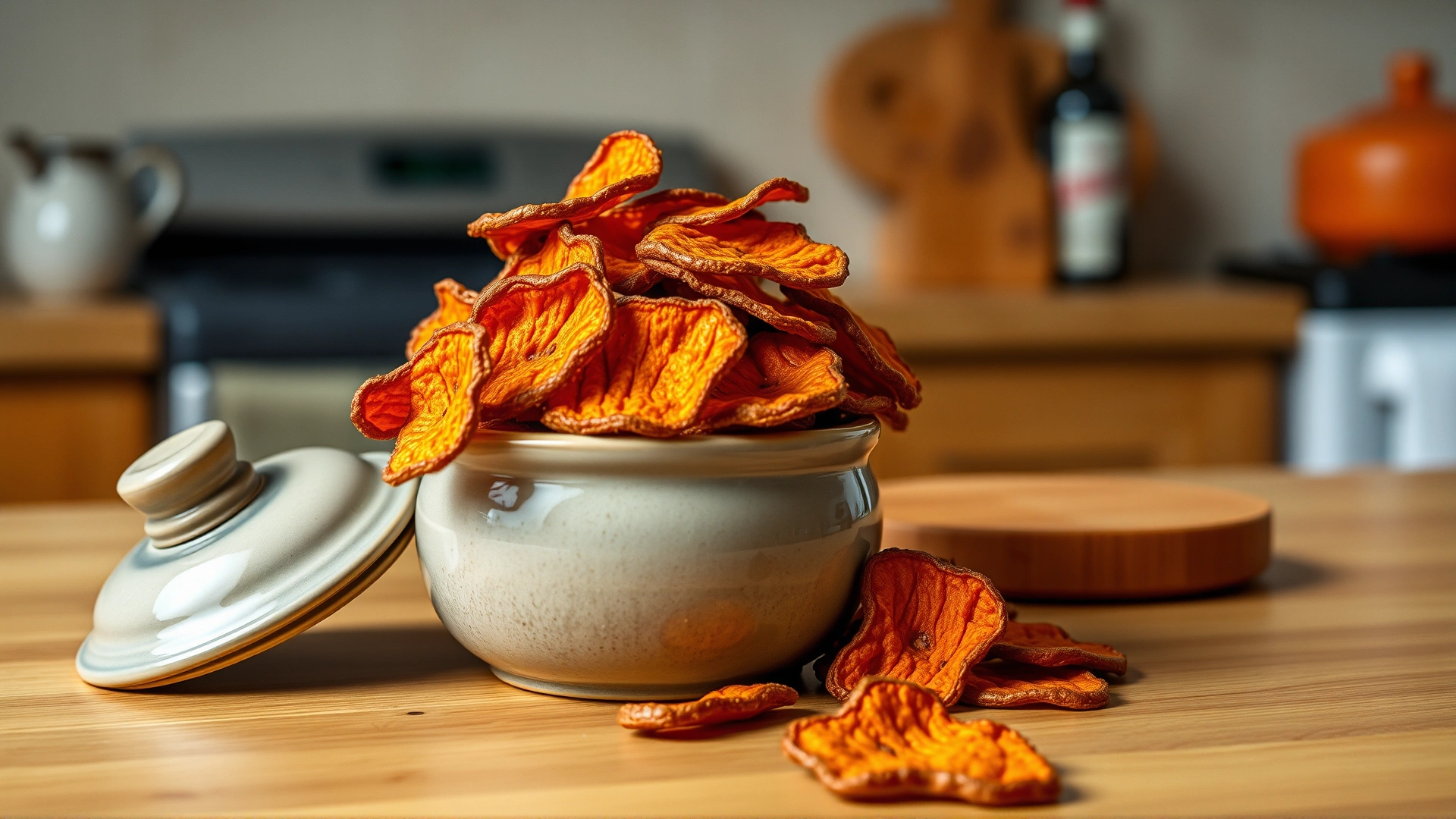 Homemade dehydrated sweet potato chips piled in a small ceramic dog treat jar, cozy kitchen environment.