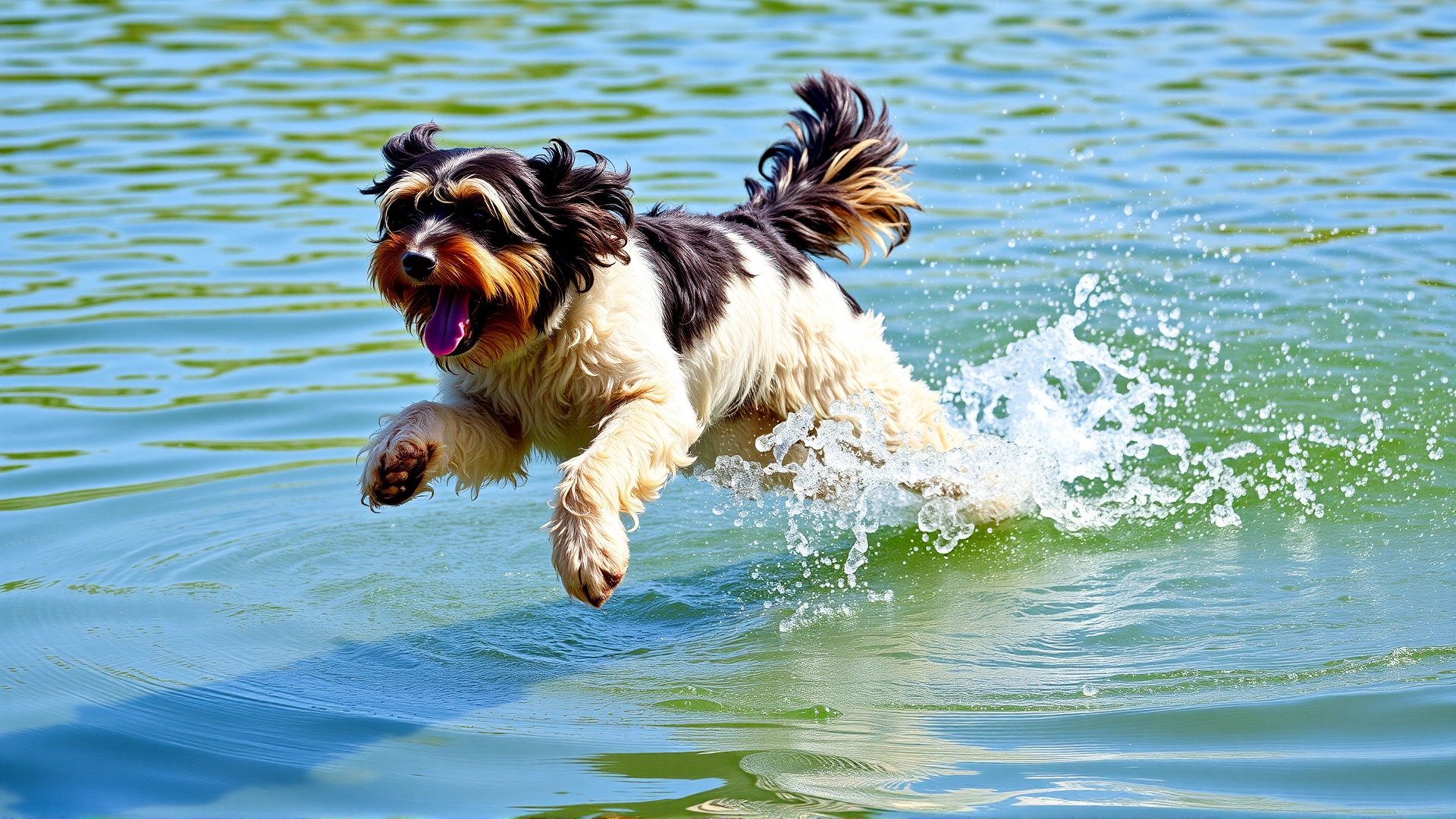 Portuguese Water Dog leaping joyfully into a clear lake with a large splash captured mid-air