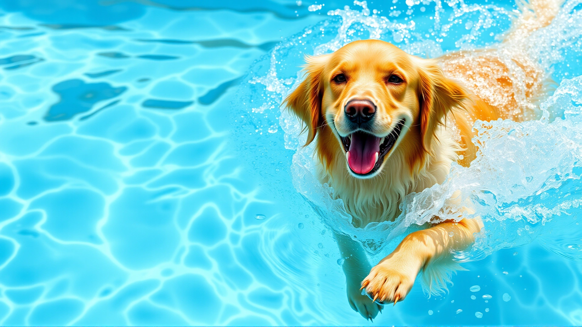 Golden retriever swimming energetically in a clear blue pool, creating splashes that convey fun and activity