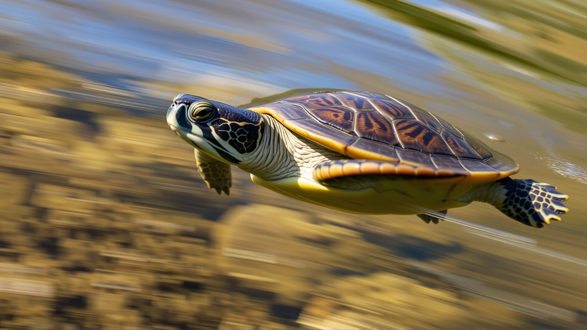 Dynamic shot of a softshell turtle swiftly swimming through clear freshwater, motion blur on the background to emphasize speed, vibrant colors, high resolution