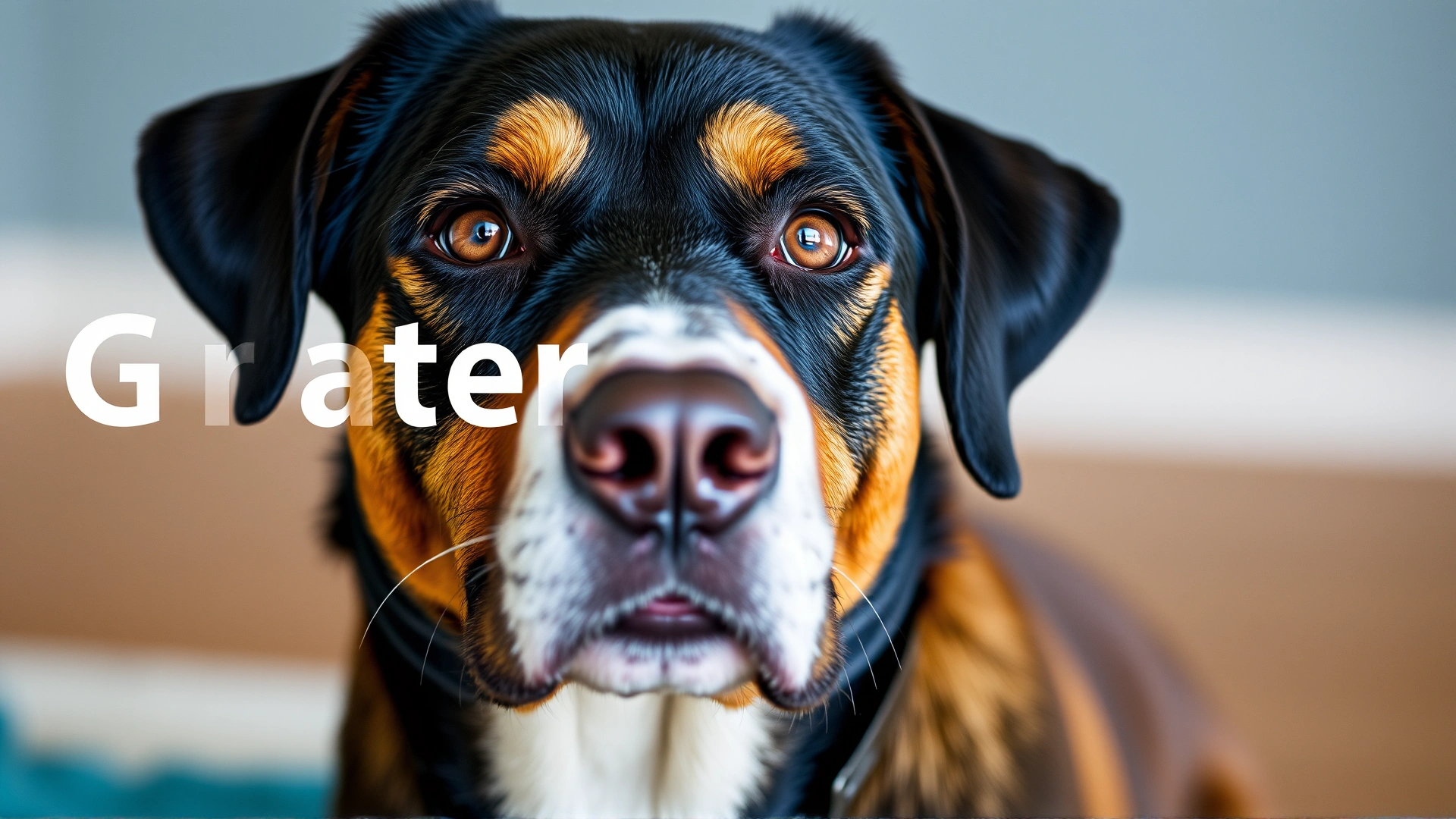 Close-up portrait of a Greater Swiss Mountain Dog highlighting its tricolor coat and intelligent brown eyes, neutral blurred background, no text.