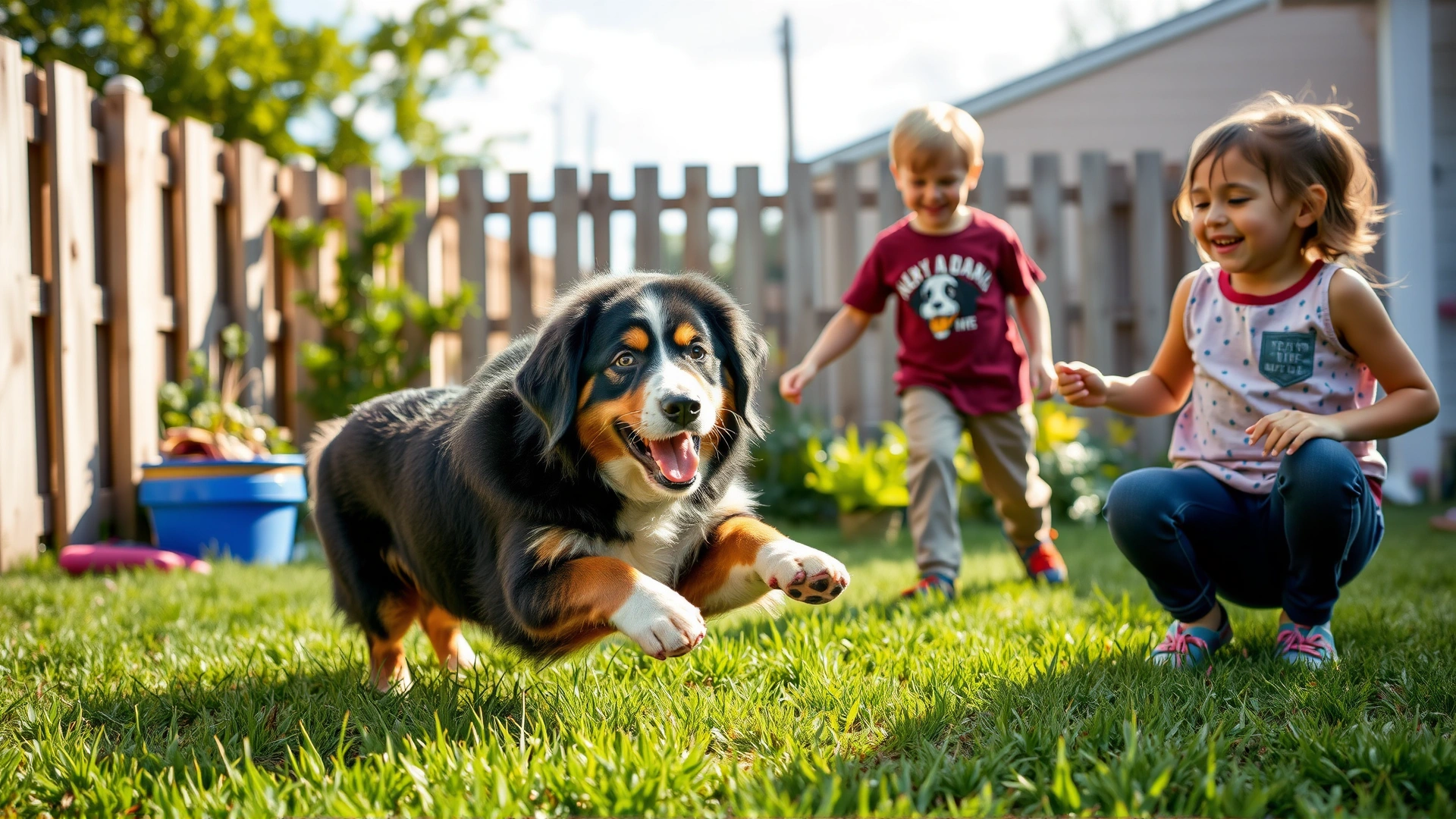 Greater Swiss Mountain Dog playing gently with two children in a fenced backyard on a sunny day, joyful atmosphere, no text.