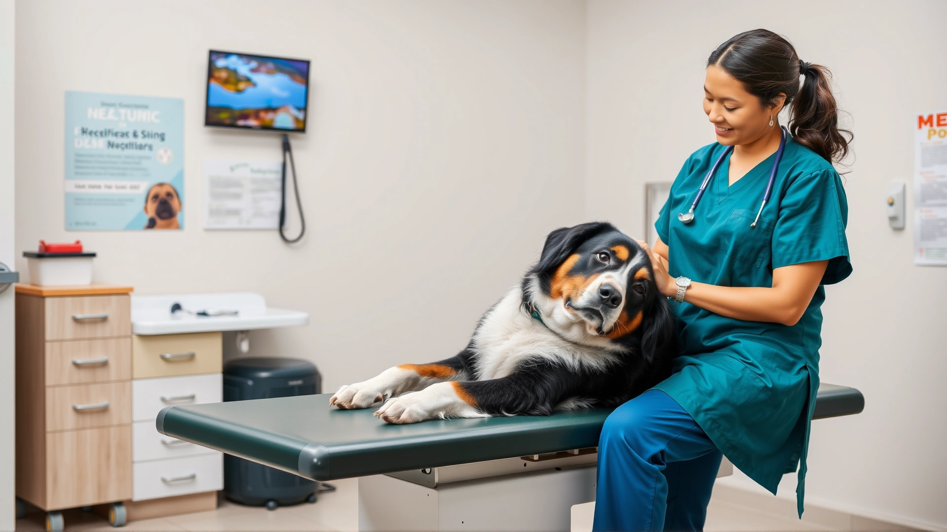 Veterinarian examining a relaxed Greater Swiss Mountain Dog on an exam table in a modern vet clinic, caring atmosphere, no text.