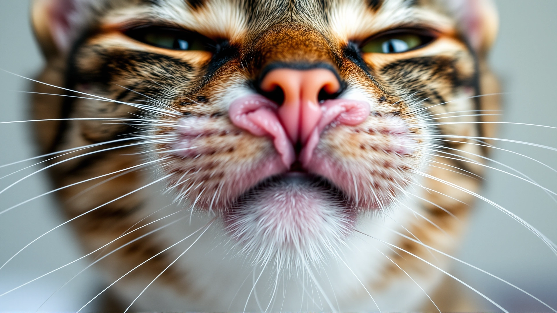 Close-up of a tabby cat with noticeably swollen muzzle and puffy eyes, showing facial edema caused by an allergic reaction.