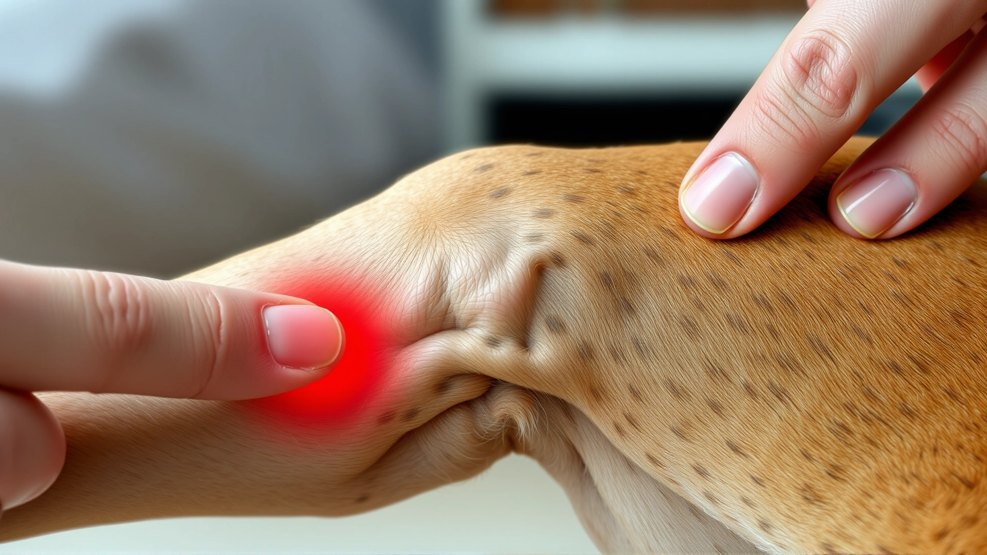 Close shot of a dog's swollen elbow joint with mild redness, owner’s fingers gently pointing to the area