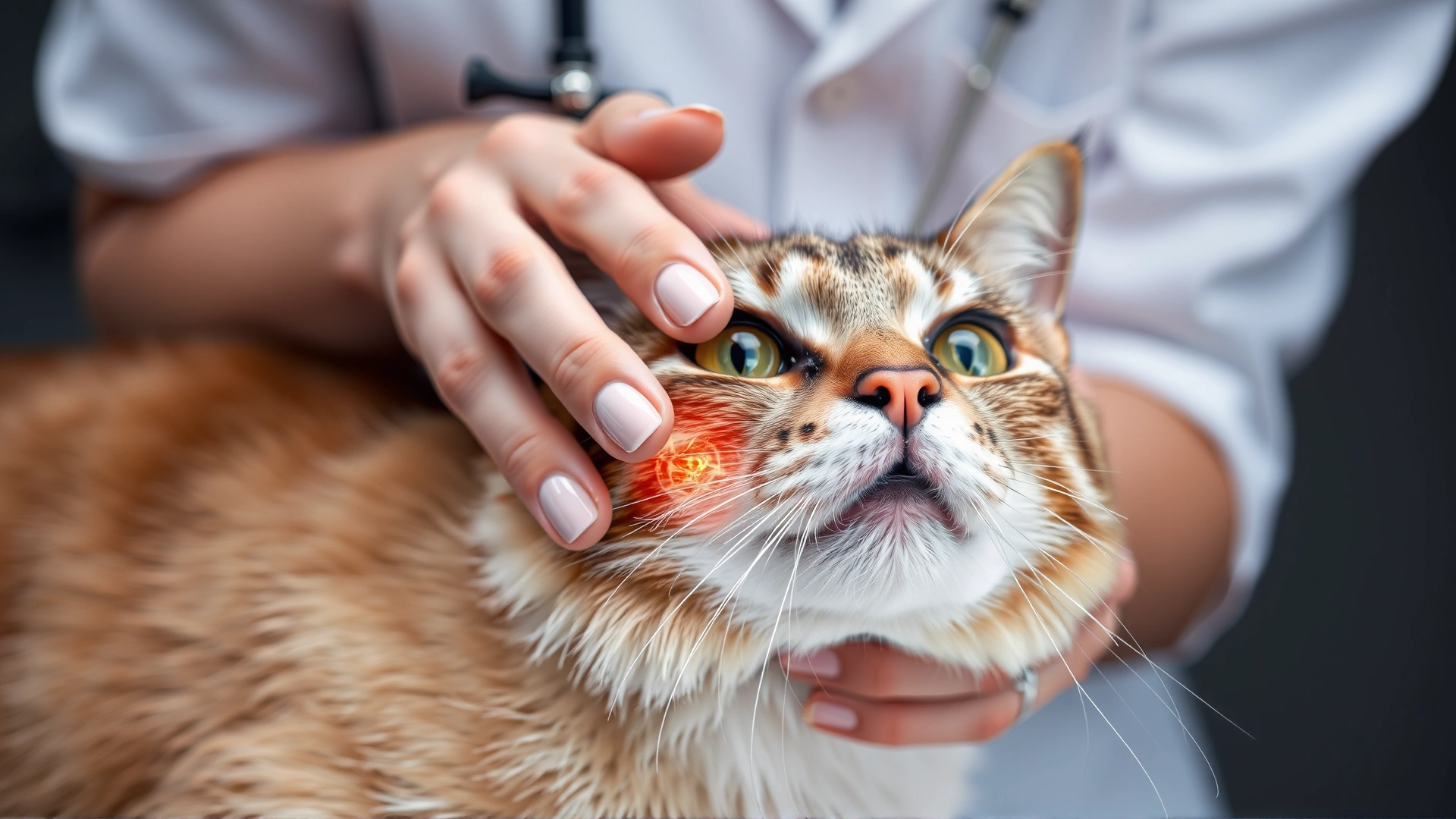 Veterinarian gently palpating an enlarged lymph node under a cat's jaw during an examination