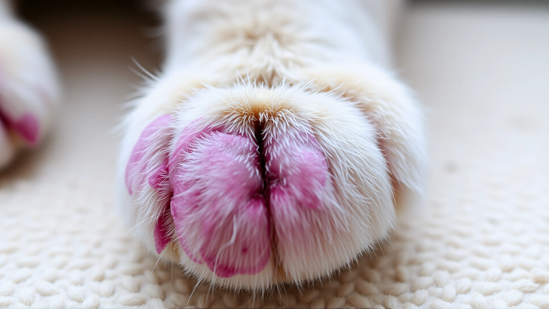 Macro shot of a cat’s paw pad showing mild swelling and purple discoloration on a clean background