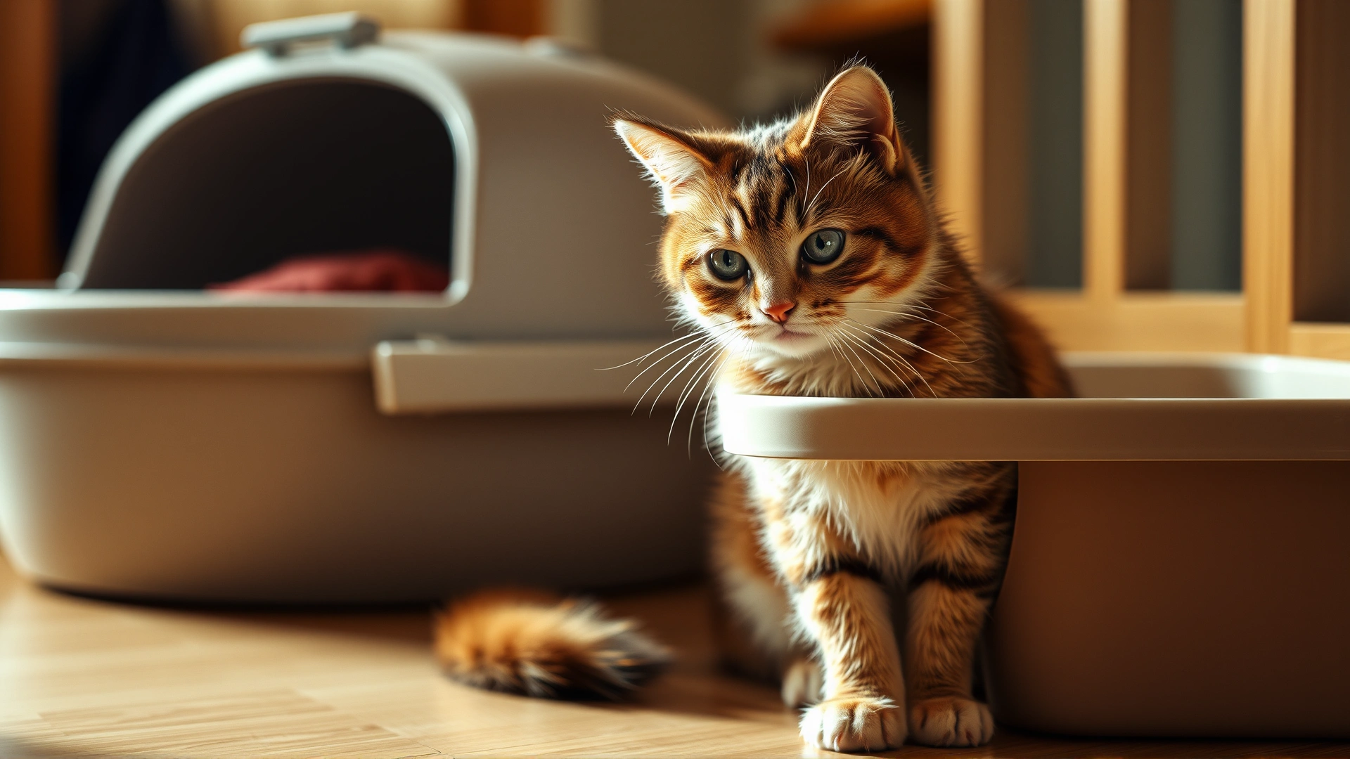 Concerned cat sitting next to a litter box looking uncomfortable, soft warm indoor lighting, high-resolution