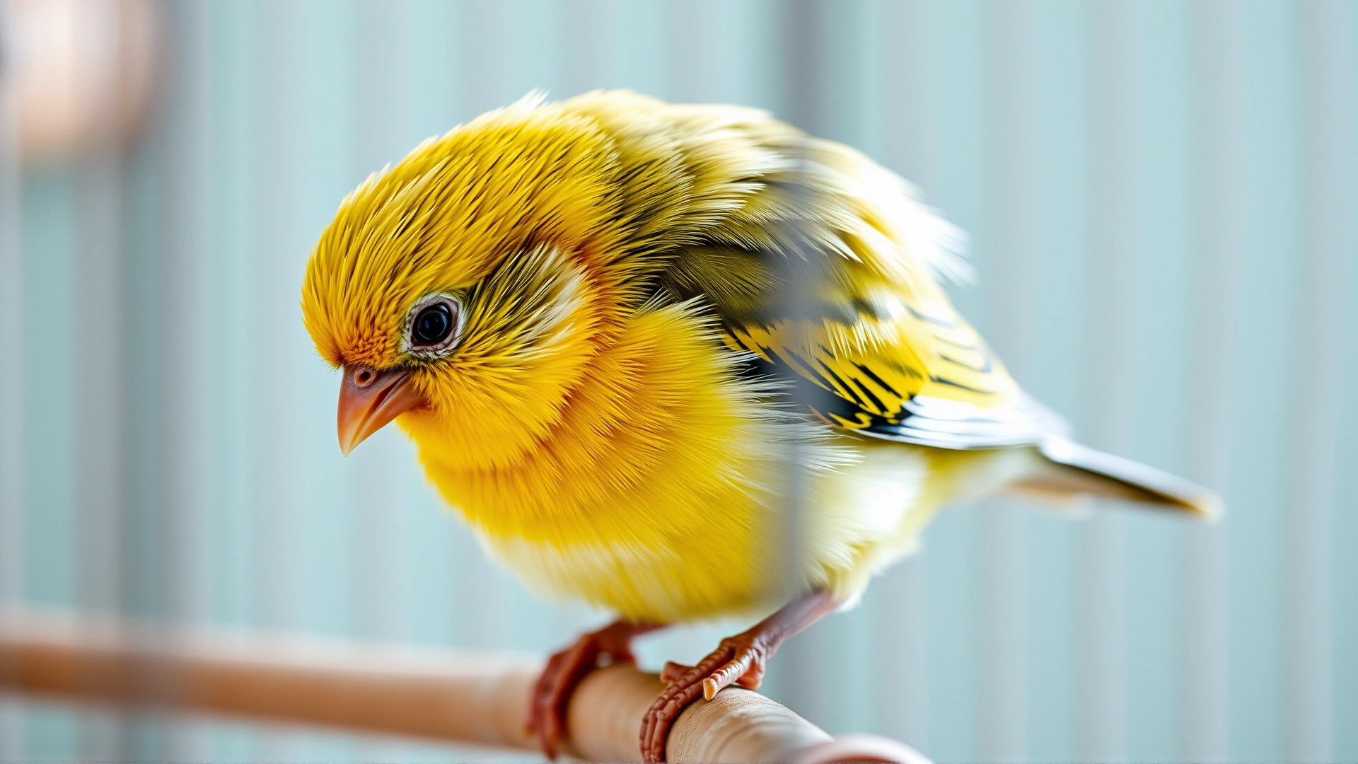 Pet canary looking lethargic and puffed-up while sitting alone on a perch inside a cage, soft focus background.