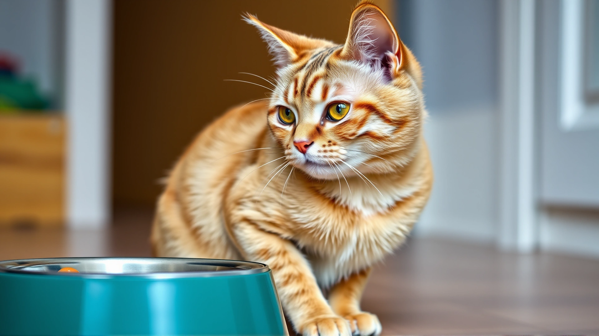 Domestic short-haired cat appearing noticeably thin with slightly dull fur, sitting near a food bowl to illustrate weight loss despite appetite.