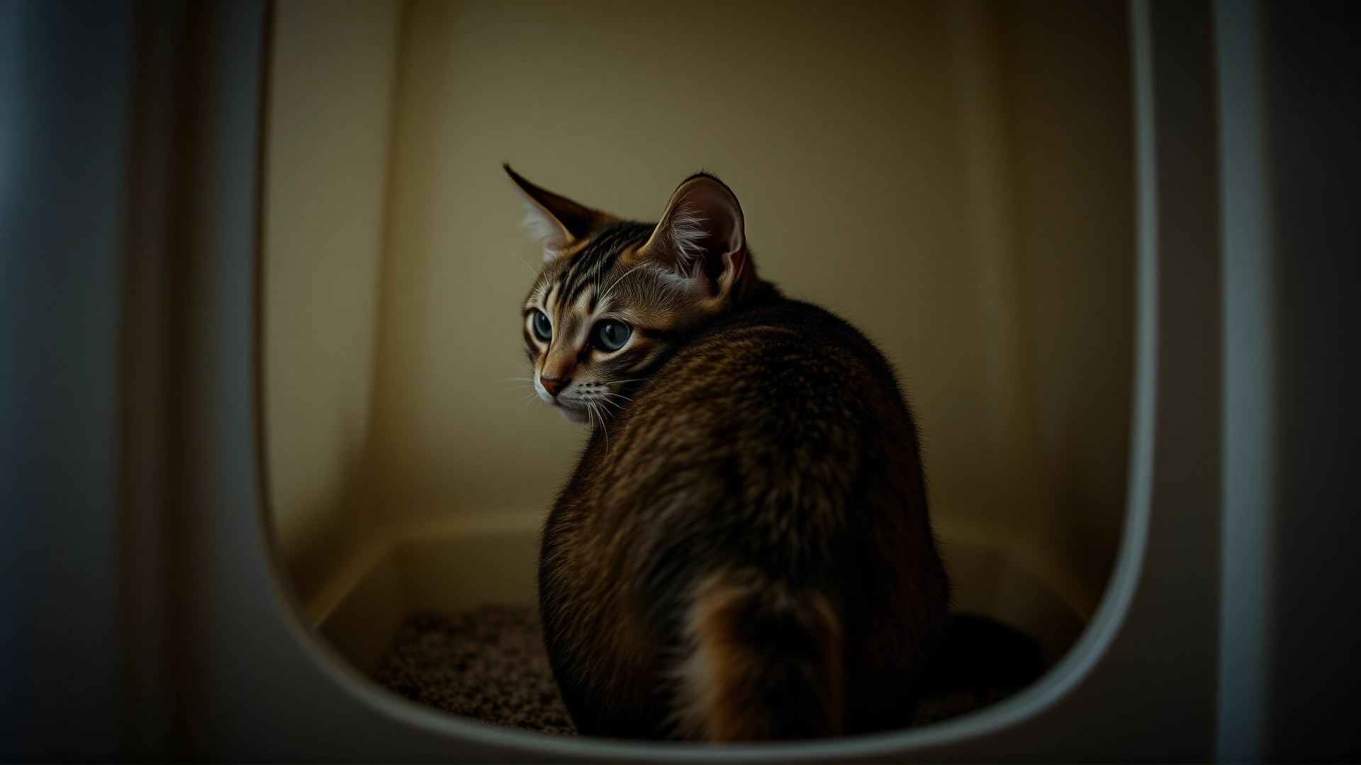 Cat crouching uncomfortably inside a litter box, looking back over its shoulder, muted indoor lighting to convey unease