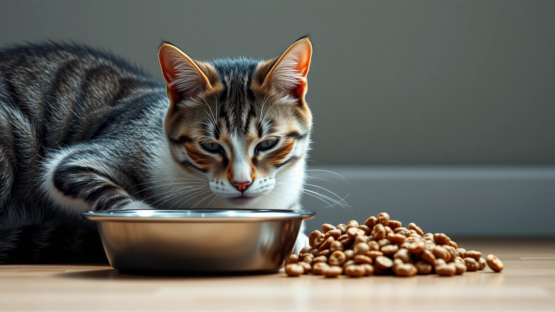 Domestic short-haired cat looking lethargic next to an untouched food bowl