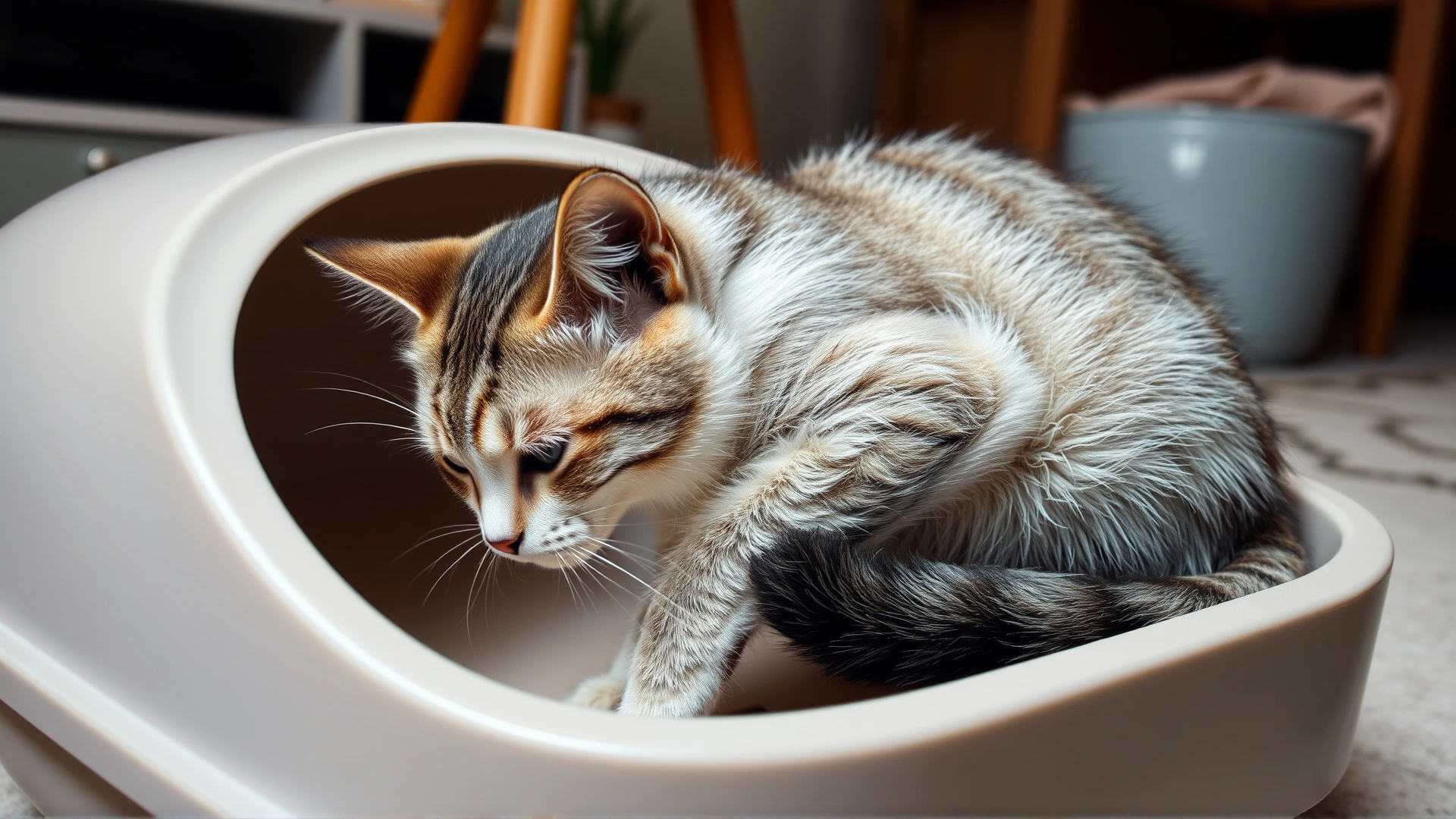 Domestic cat in litter box showing signs of discomfort or straining, subtle and non-graphic, indoor home environment