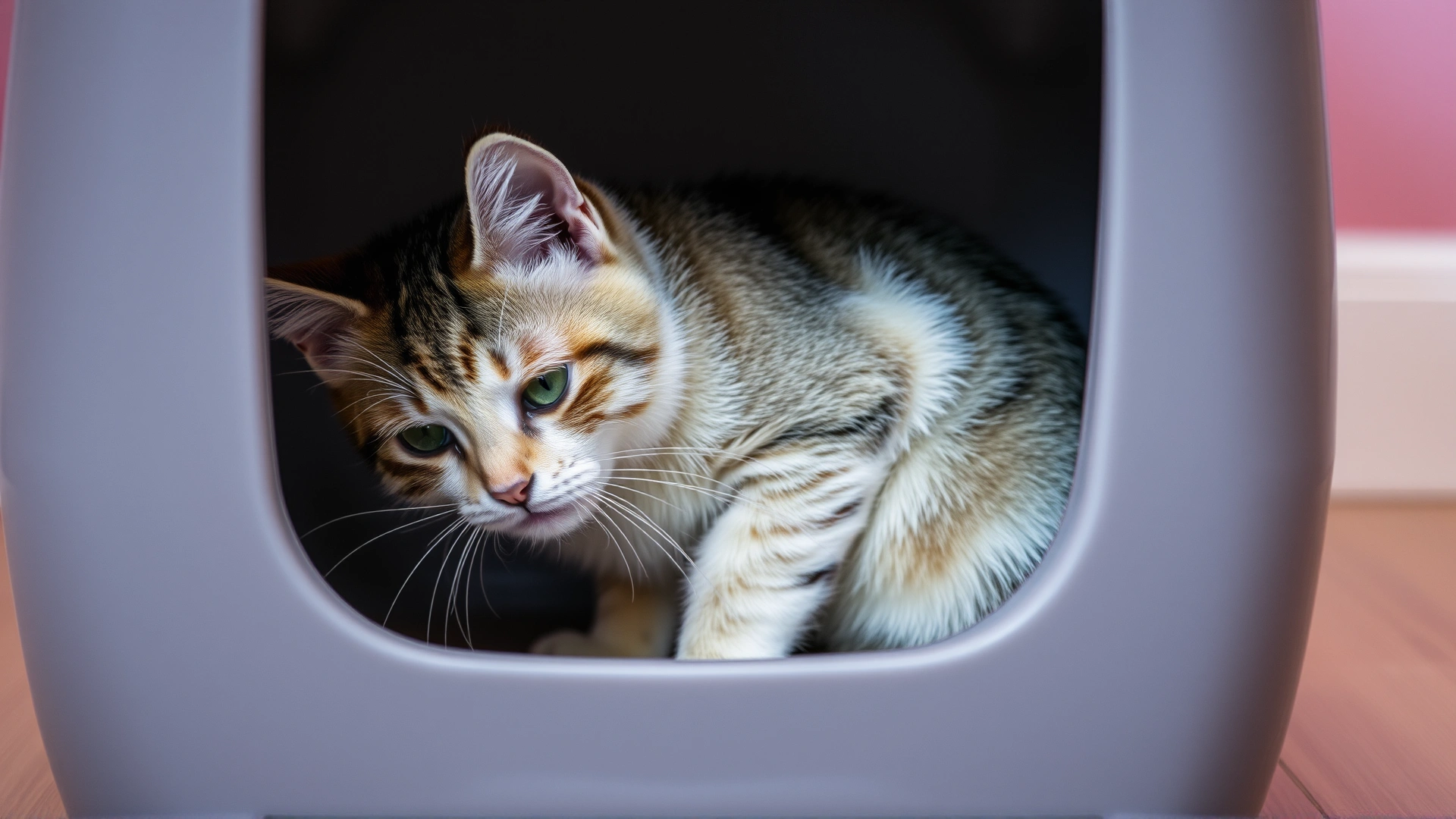 Image of a domestic short hair cat inside a litter box looking uncomfortable while trying to defecate