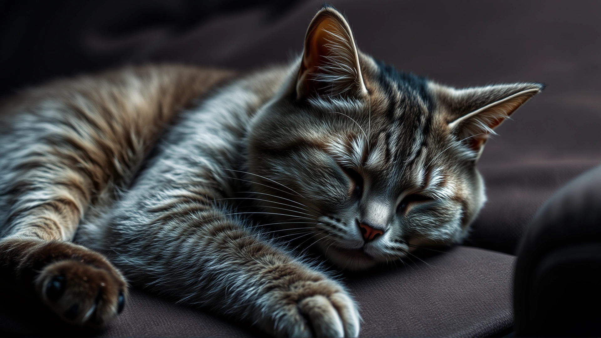 Photo of a lethargic grey domestic short-haired cat lying on a couch, looking visibly unwell, low lighting for a somber mood.