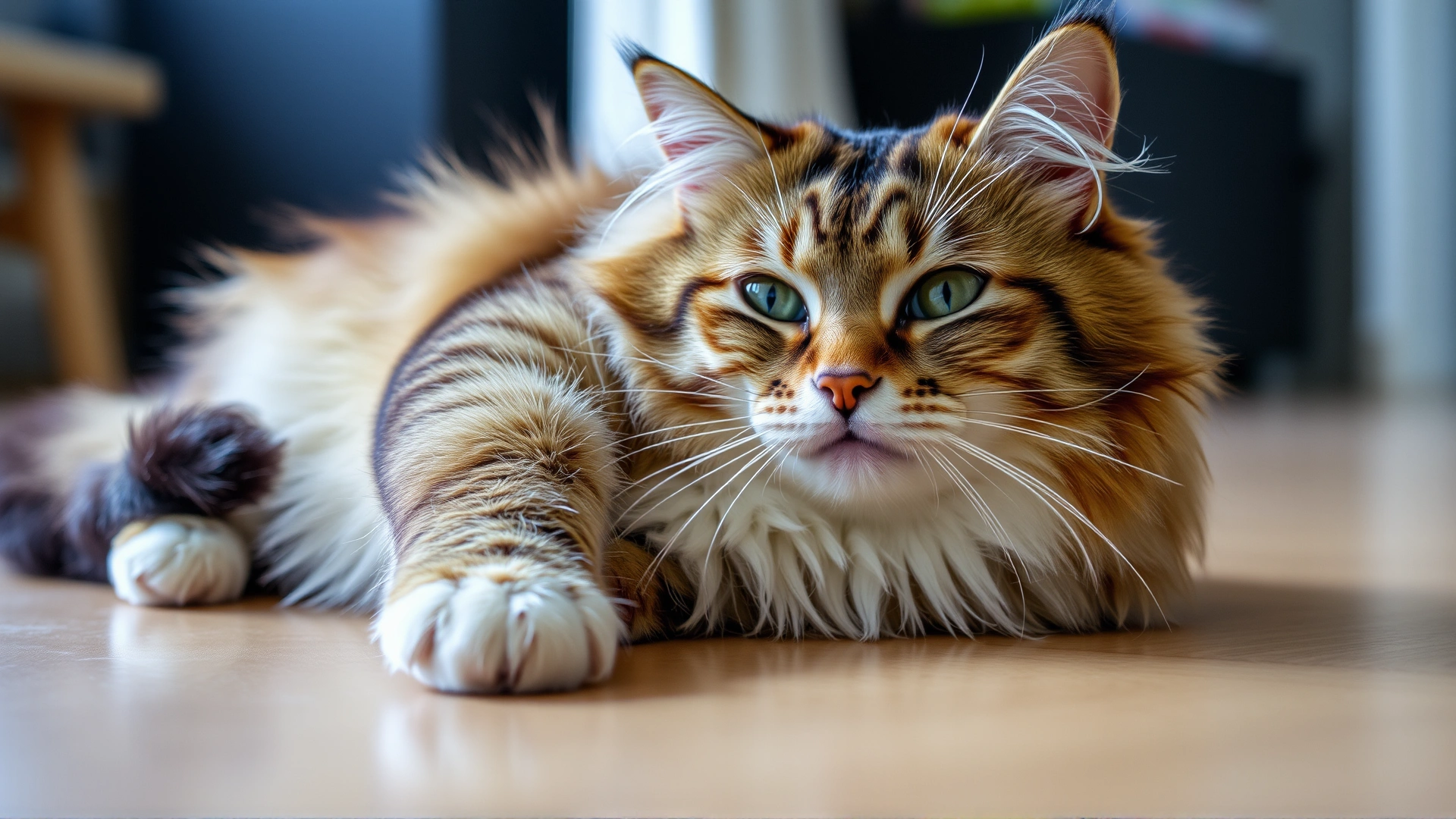 A medium-hair cat lying on its side showing slight tremors in its legs, indoor setting.