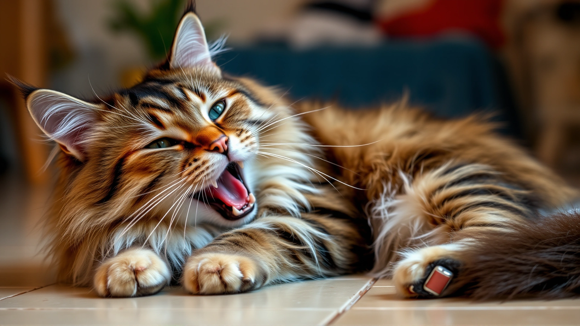 Domestic long-haired cat showing labored breathing with mouth slightly open and nostrils flared, lying on a floor at home