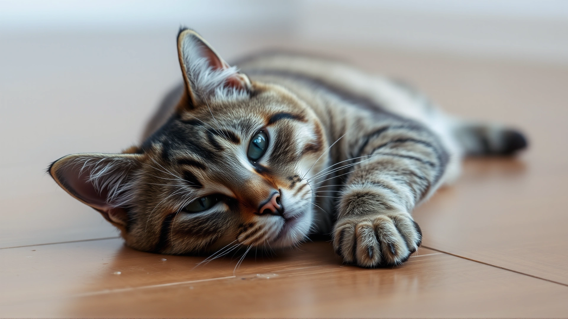 Domestic cat with watery eyes and dull fur lying alone on the floor, subtle lighting accentuating its lethargic posture.