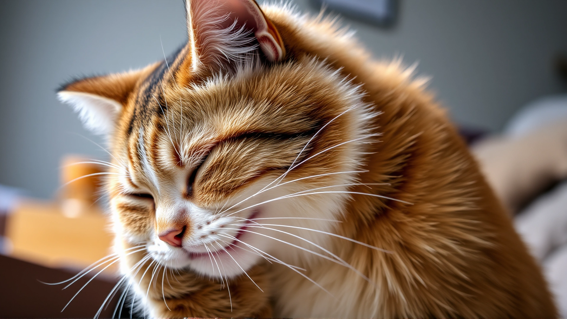 Cat scratching its face intensely, showing discomfort, indoor home environment