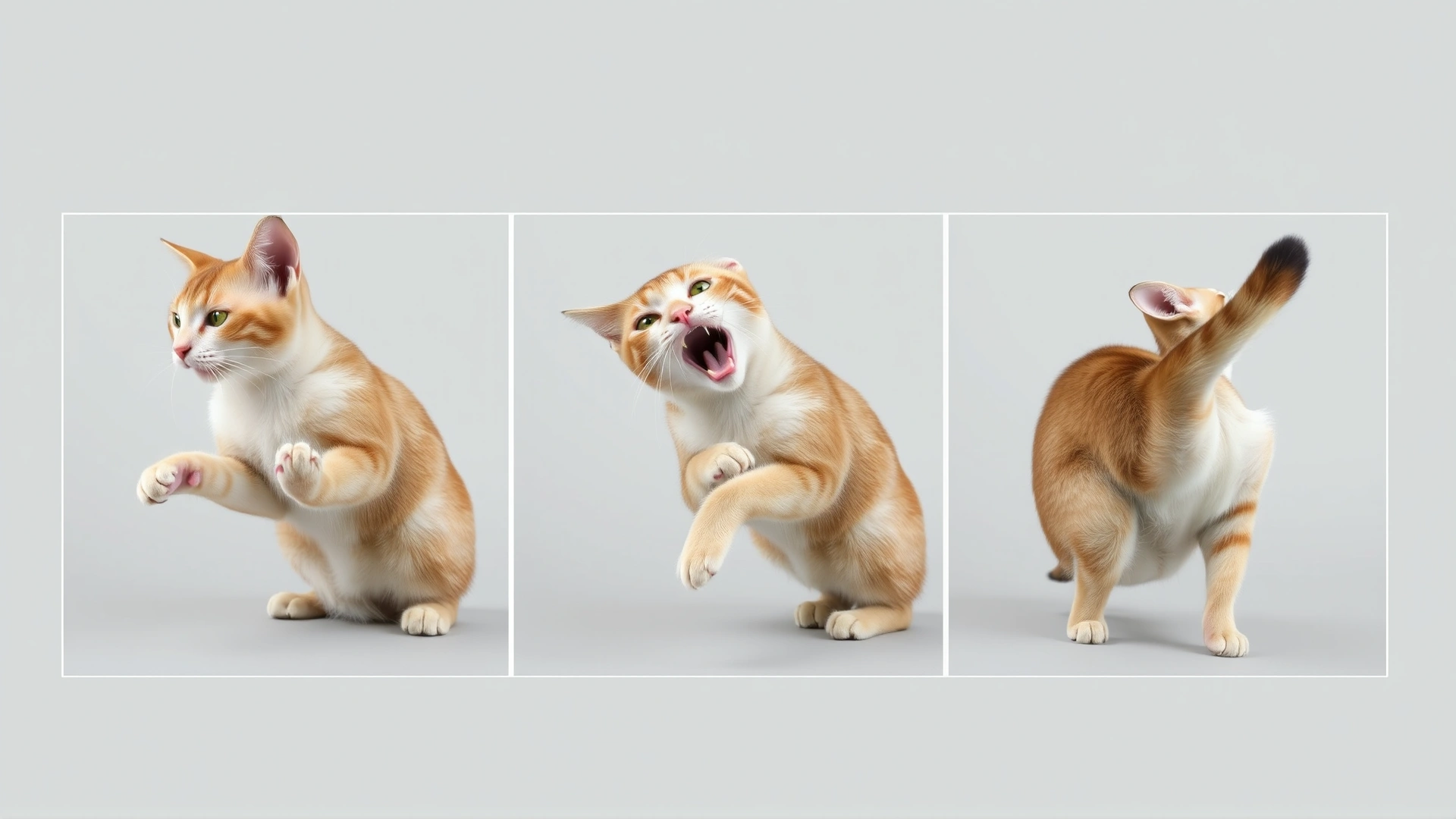 Series of three small images stitched together of a cat experiencing a mild muscle jerk, illustrating limb twitch, ear flick, and tail twitch, neutral background