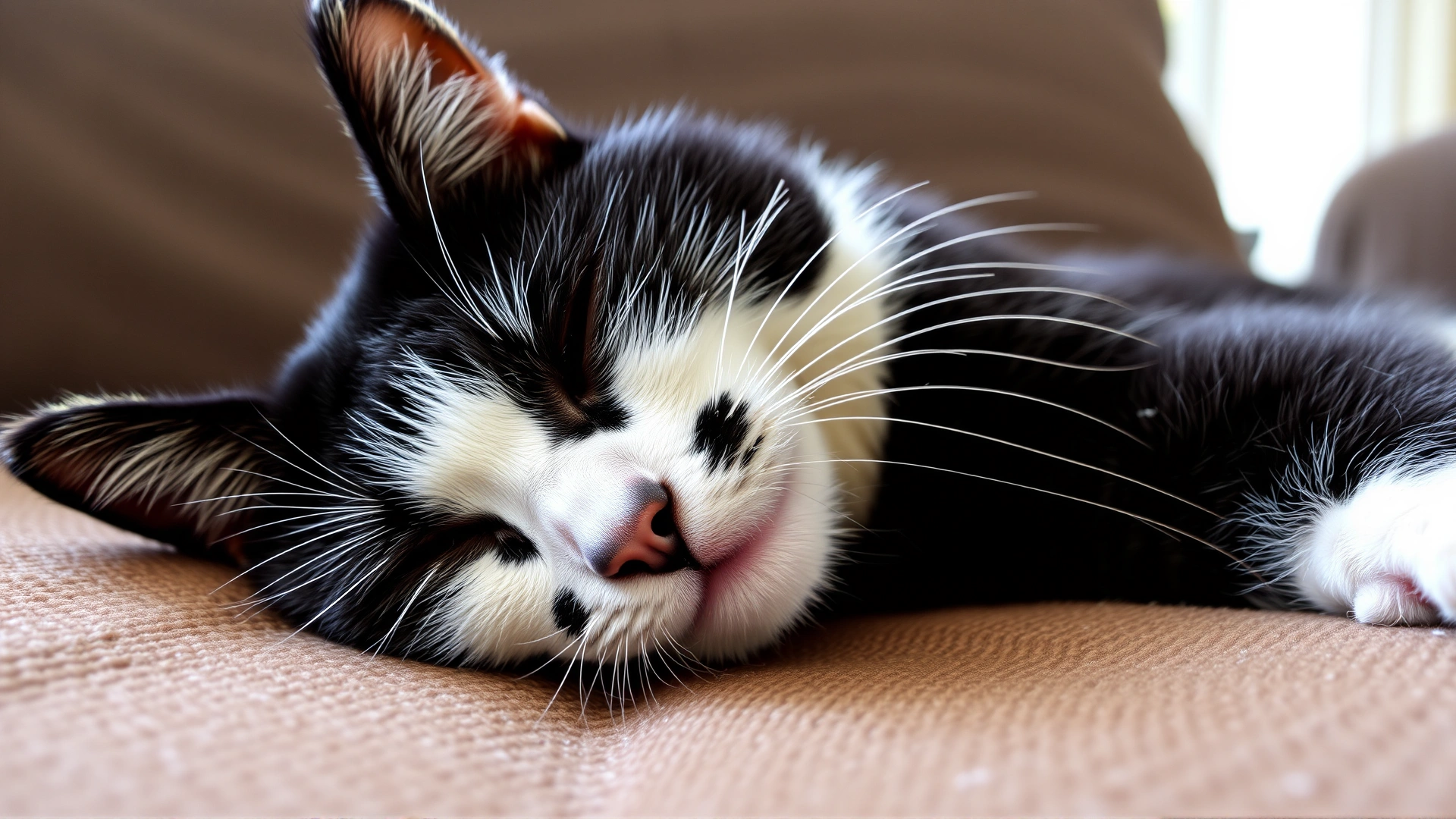 Close-up of an older black-and-white (tuxedo) cat lying lethargically on a cozy couch, eyes half-open, conveying fatigue, no text