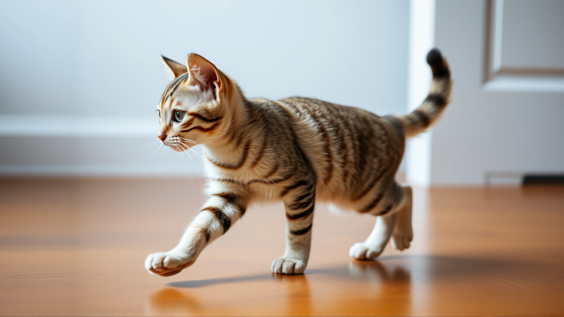 Young cat walking with wide-based stance on wooden floor, slightly blurred background to emphasize movement, illustrating ataxia