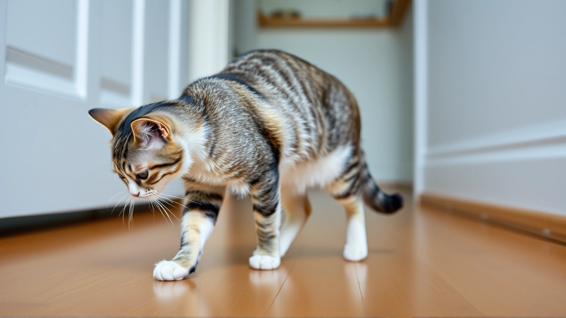 Photo of a domestic cat walking with an arched back and hesitant gait on a hardwood floor, illustrating discomfort.
