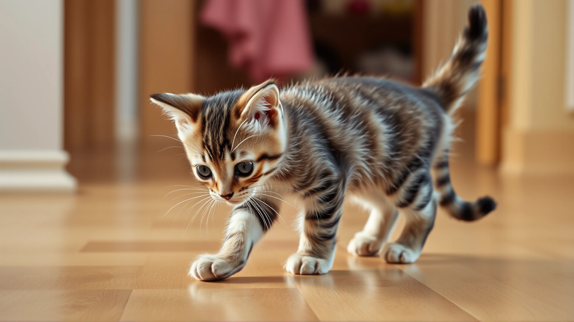 Domestic kitten cautiously walking on a hardwood floor, slightly unsteady posture to illustrate loss of balance, warm home environment