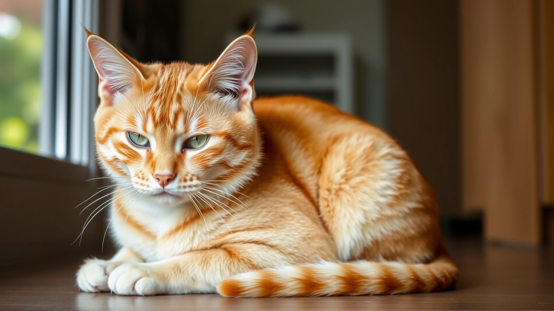 Photo of an orange tabby male cat sitting with a slight visible swelling in the scrotal area, indoor setting, natural lighting, no text