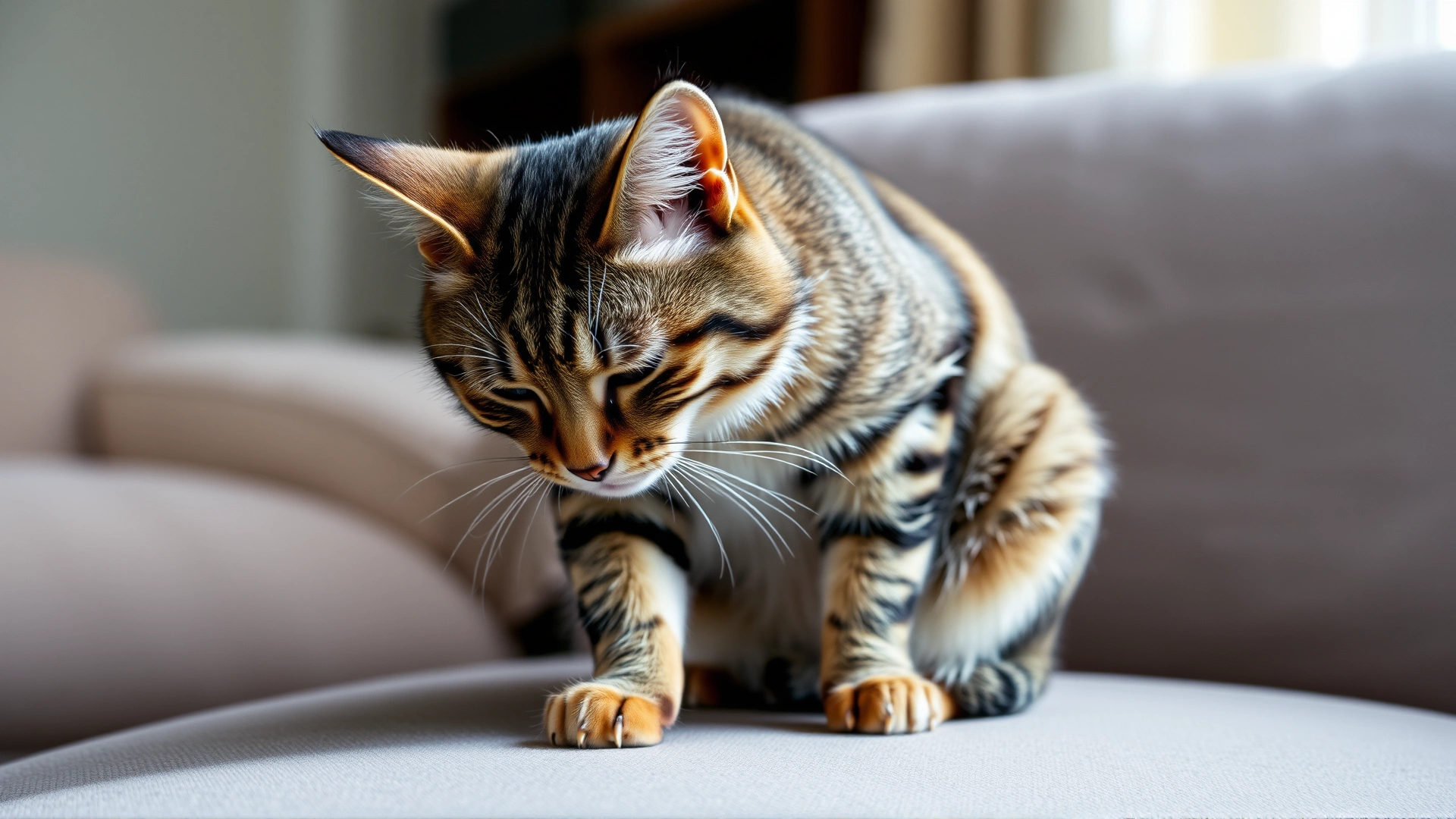 An adult tabby cat in a hunched posture on a couch showing discomfort, soft indoor lighting, natural setting.