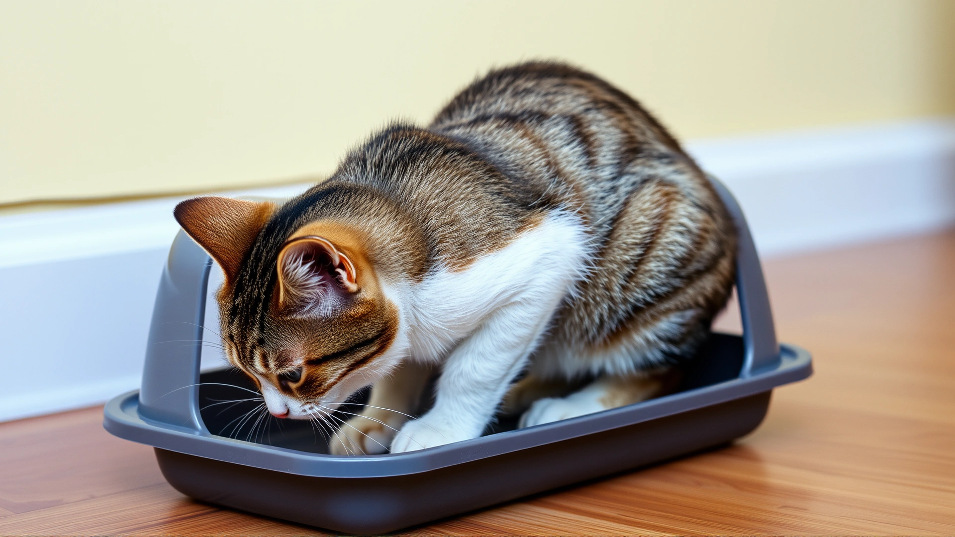 Domestic tabby cat inside litter box, straining to urinate, indoor setting