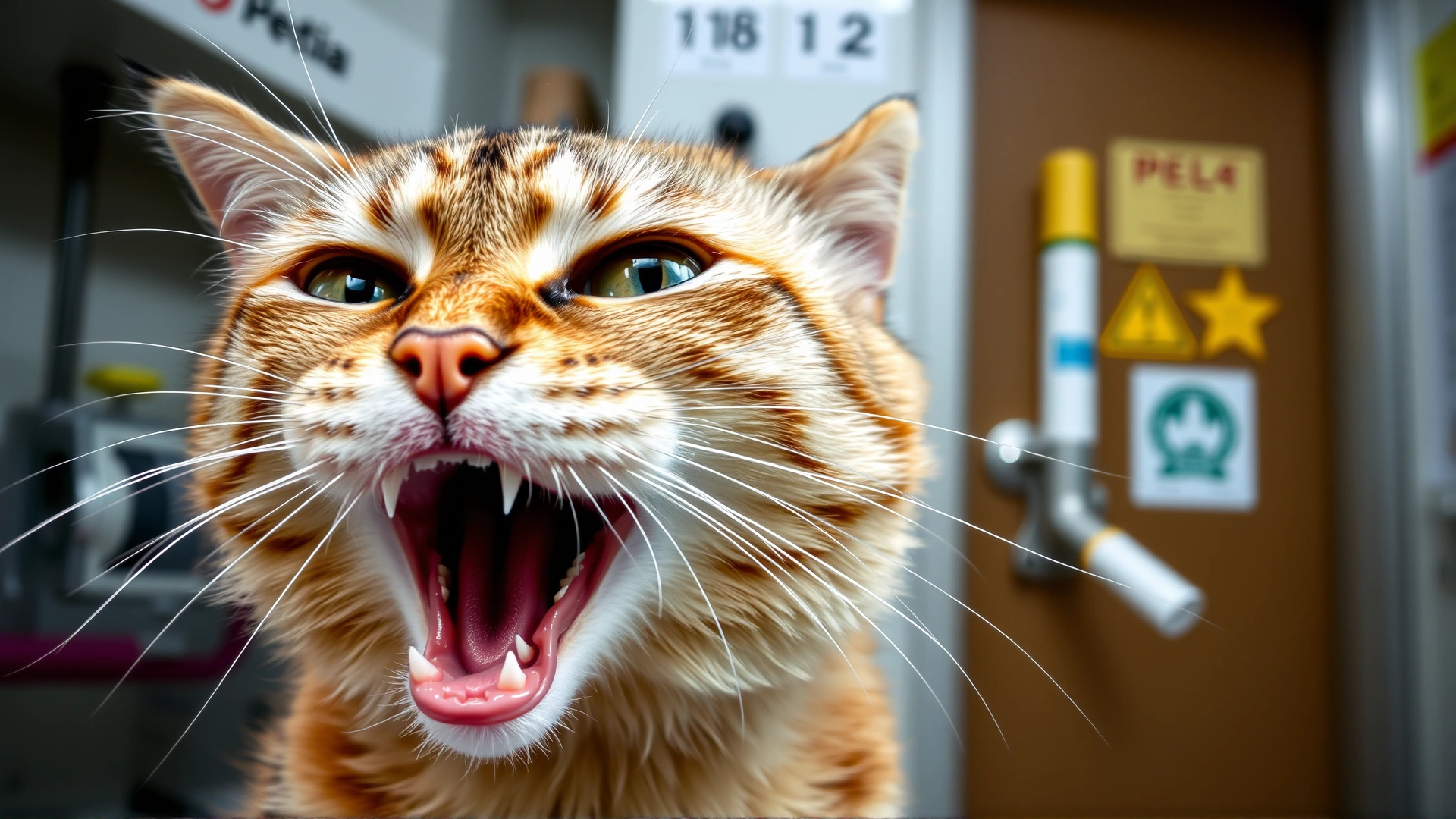 Close-up photo of a distressed cat with open mouth breathing rapidly in a veterinary clinic setting.