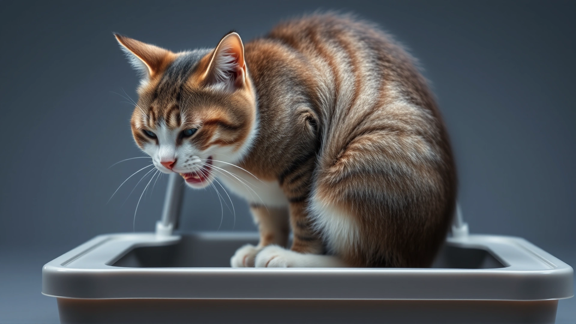 Domestic shorthair cat squatting uncomfortably in a litter box, showing visible strain while defecating.