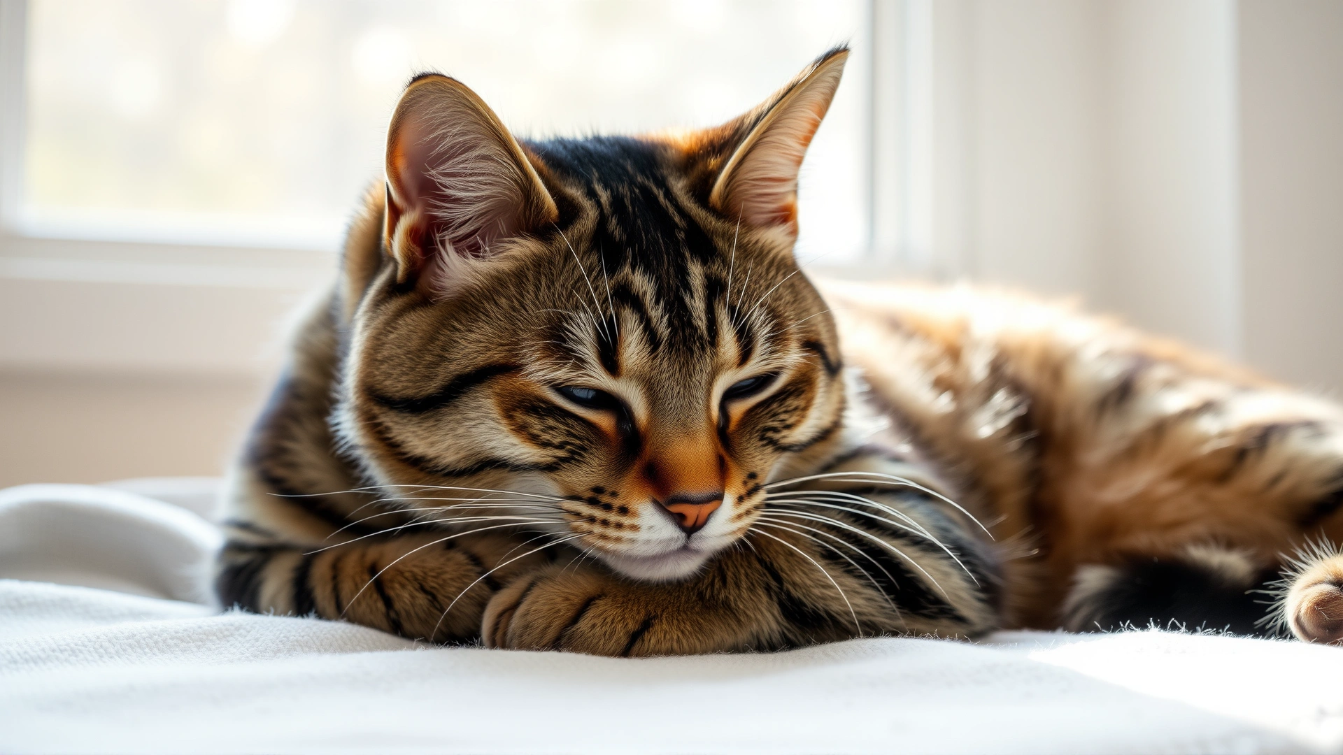 Tabby cat lying on a blanket looking tired and lethargic, gentle daylight coming through a window.