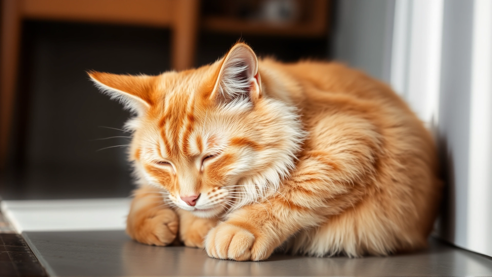 Photograph of a tired-looking orange tabby cat sitting with half-closed eyes, subtle sign of lethargy, indoor natural light