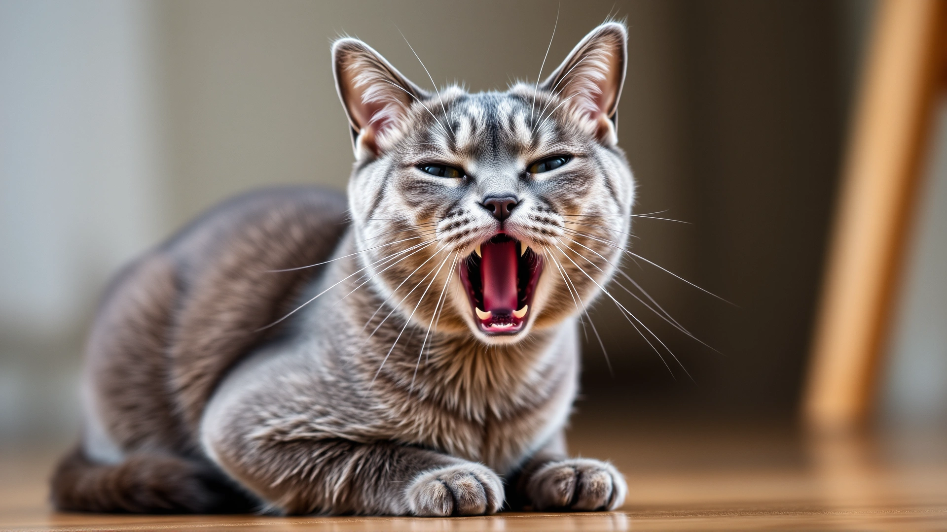Short-haired grey cat sitting with mouth slightly open, breathing rapidly; background softly blurred to emphasize respiratory distress