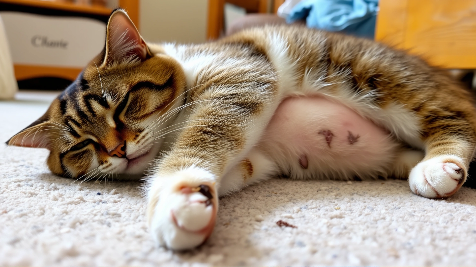 Domestic cat lying on the floor looking lethargic with slightly swollen abdomen, natural home environment.